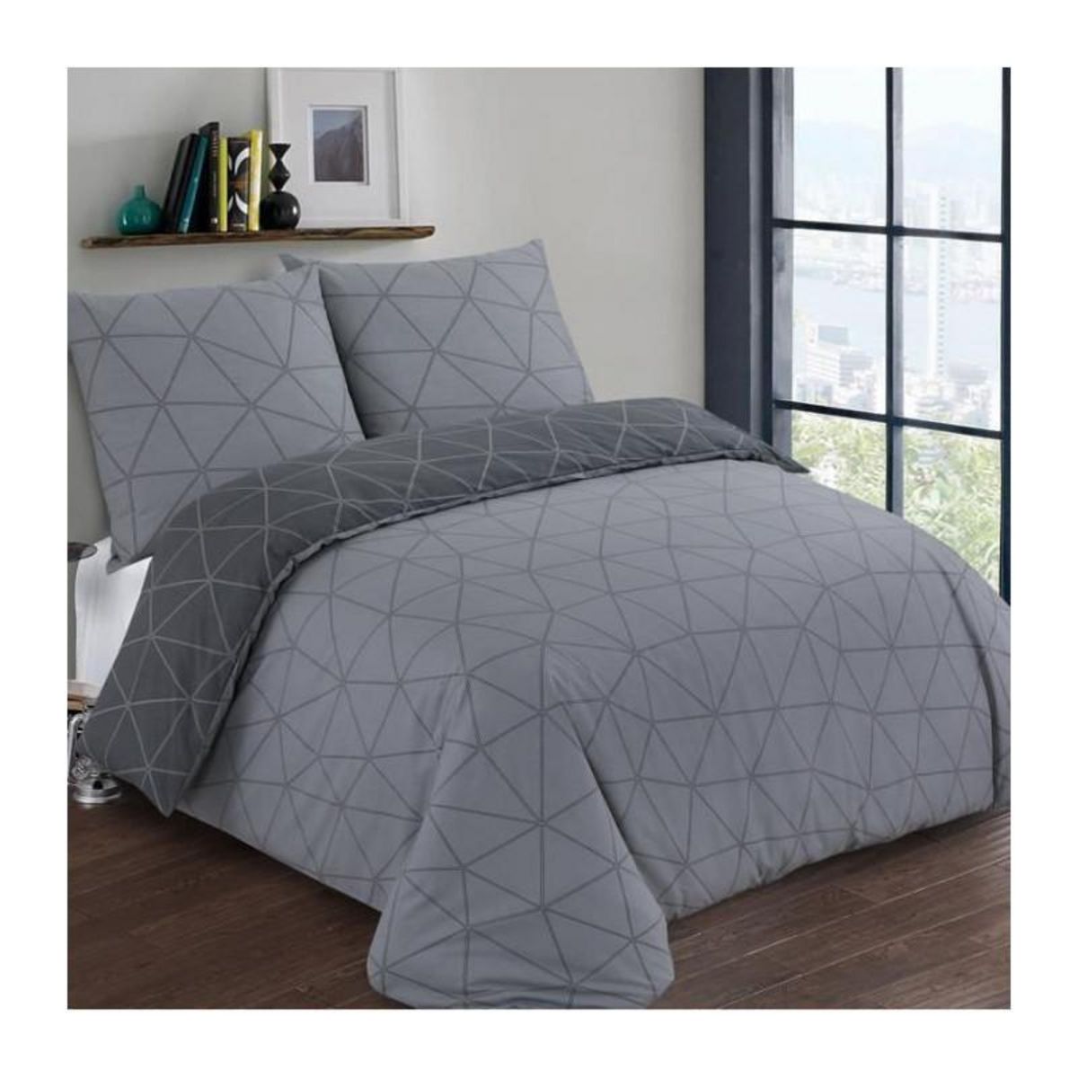 VISION VISION Parure de couette Hugo - 100% coton - 1 housse de couette 140 x 200 cm + 1 taie d'oreiller 65 x 65 cm - Gris anthracite