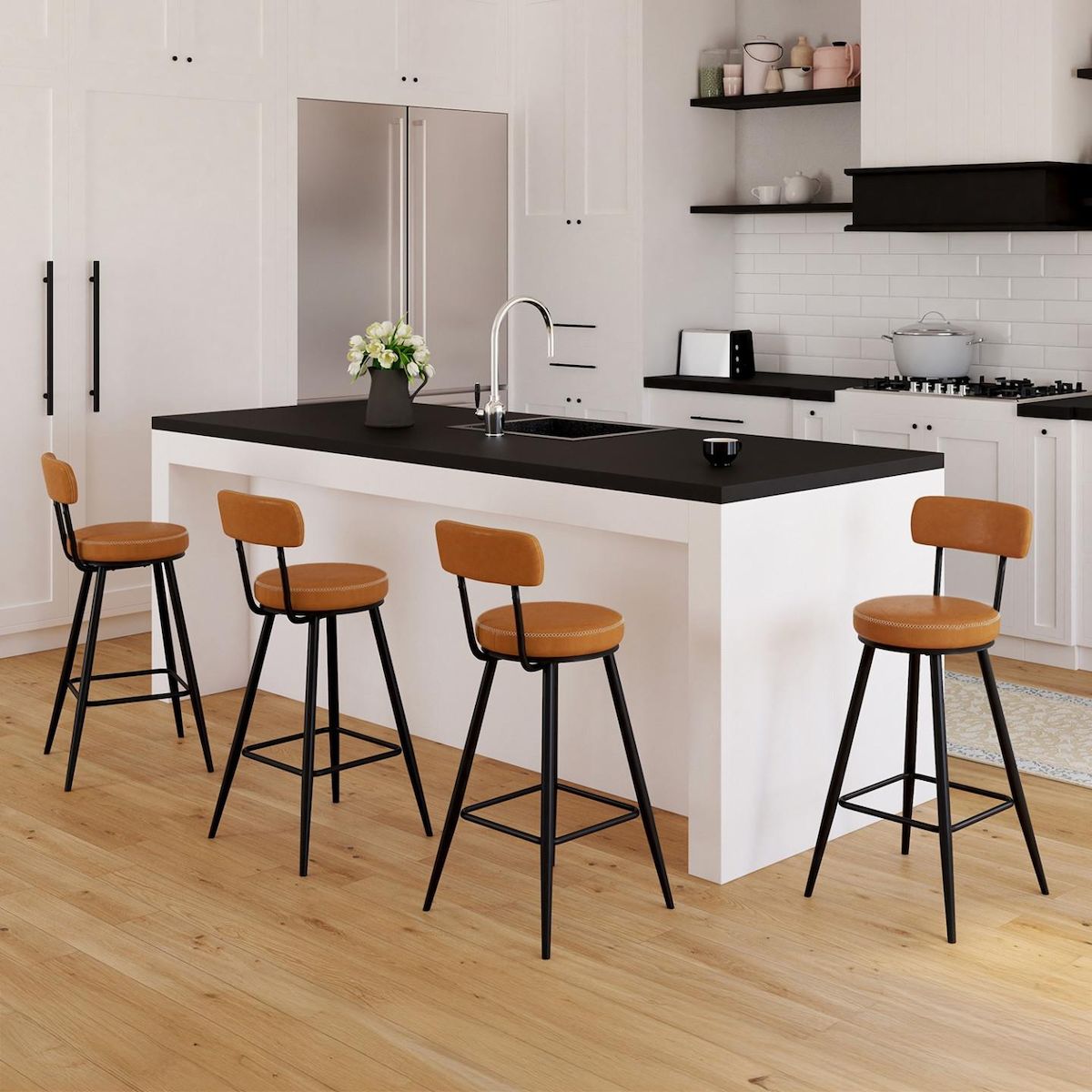 ID MARKET Lot de 4 tabourets de bar ISAURE avec dossier effet cuir marron et pieds métal noir