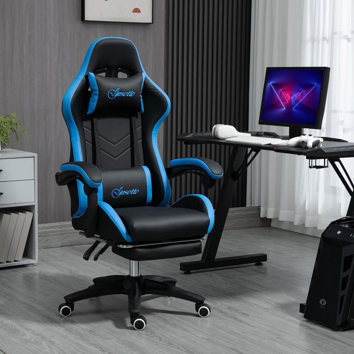 VINSETTO Chaise gaming - chaise de bureau gamer inclinable réglable repose-pieds rétractable coussins synthétique noir bleu