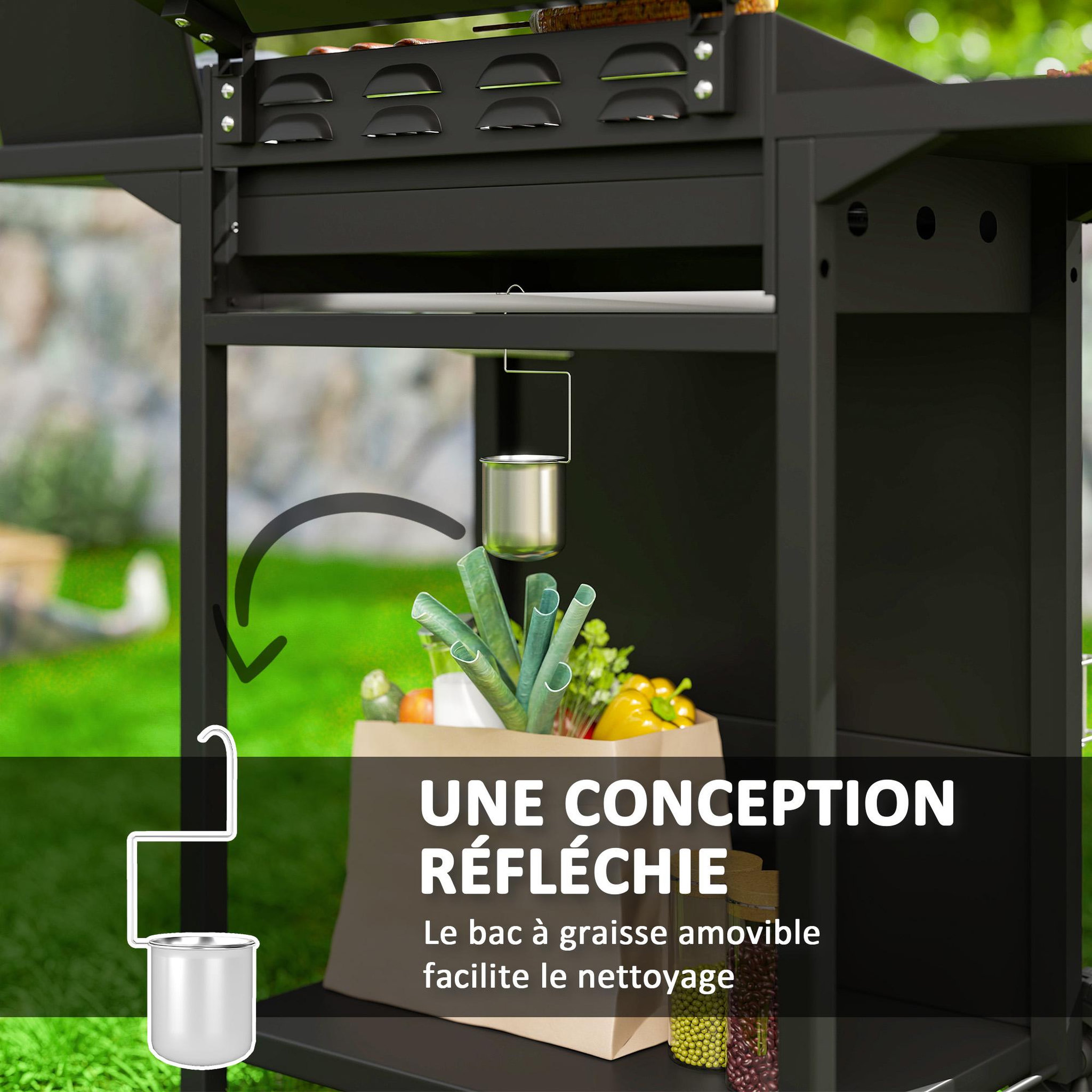 Voir la diapositive 5 : OUTSUNNY Barbecue gaz 3+1 brûleurs avec couvercle 2 roues - 9,5 kW - 2 grilles chromées, étagères latérales, thermomètre - noir