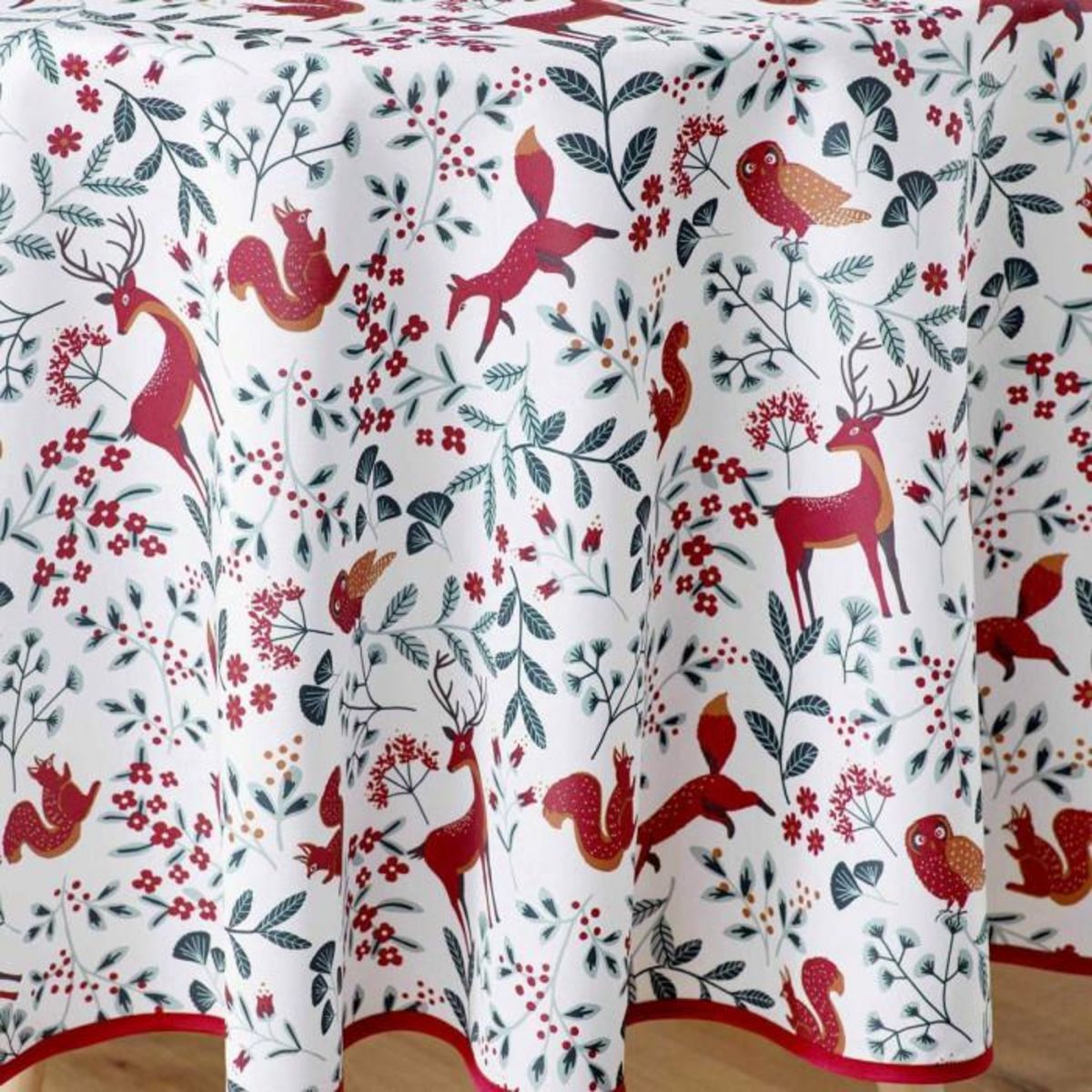 Paris Prix Nappe Ronde Imprimé  Forestine  180cm Blanc & Rouge
