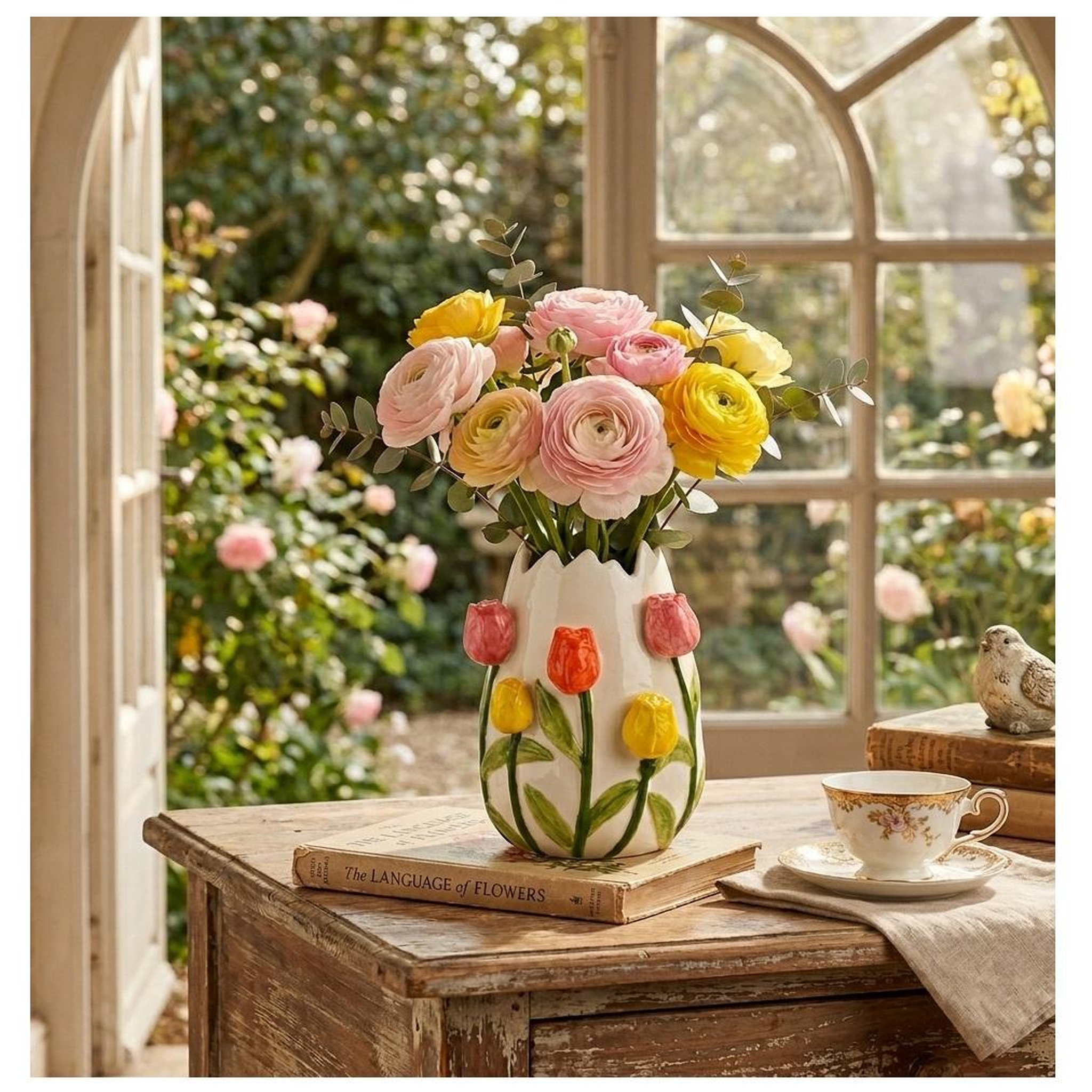 Voir la diapositive 2 : Eden Vase en porcelaine coloré décor tulipes