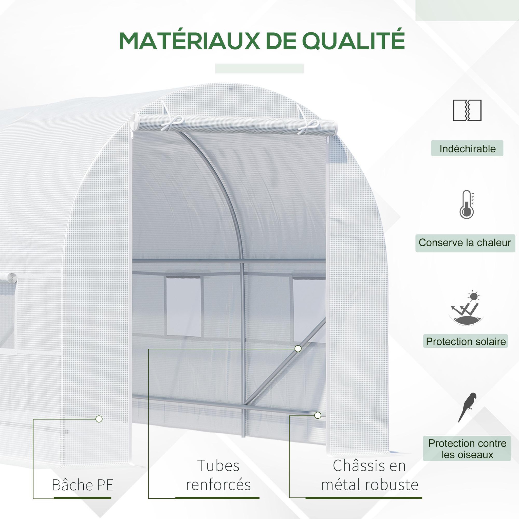 Voir la diapositive 4 : OUTSUNNY Serre de jardin tunnel surface sol 9 m² 4,5L x 2l x 2H m châssis tubulaire renforcé 18 mm 6 fenêtres blanc