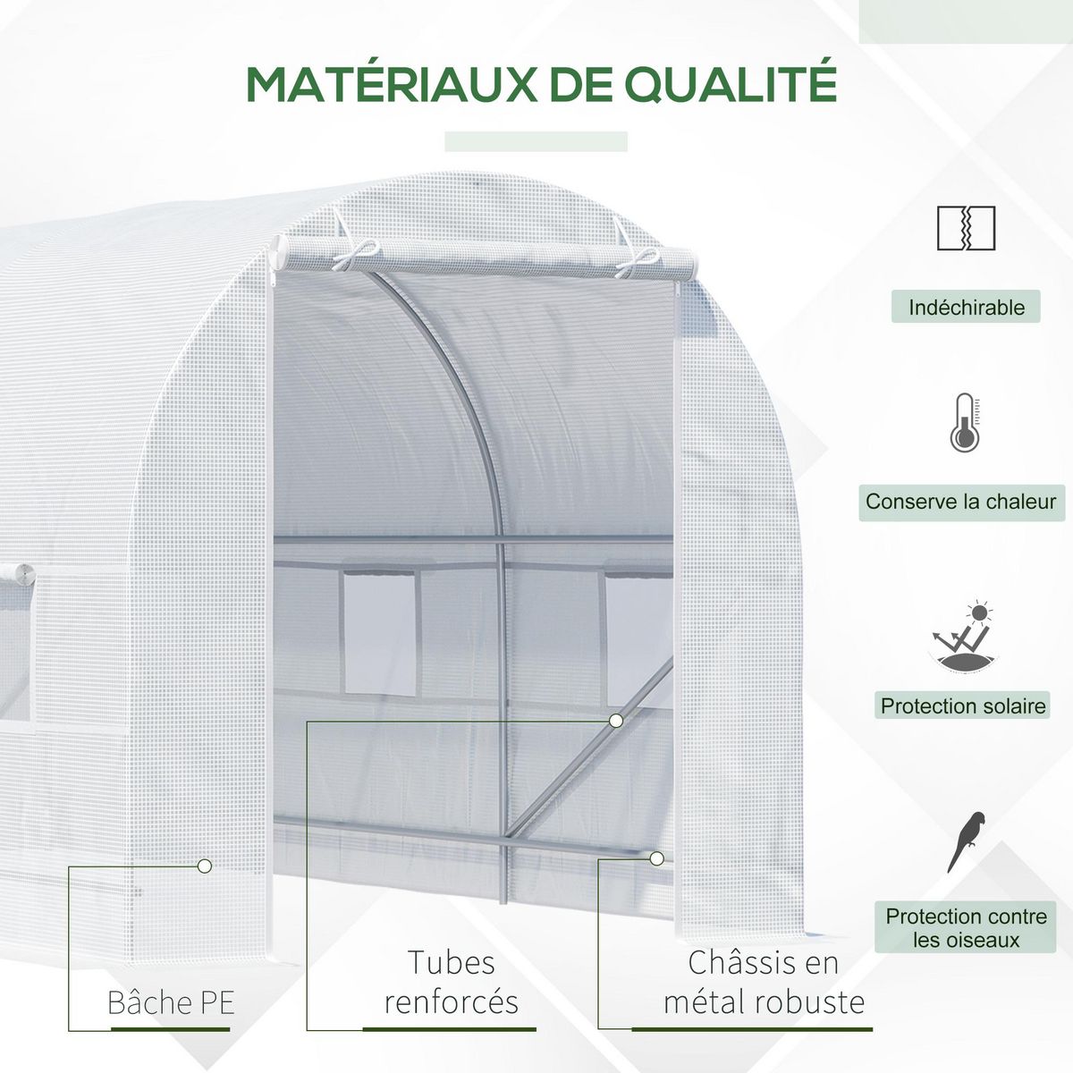 OUTSUNNY Serre de jardin tunnel surface sol 9 m² 4,5L x 2l x 2H m châssis tubulaire renforcé 18 mm 6 fenêtres blanc