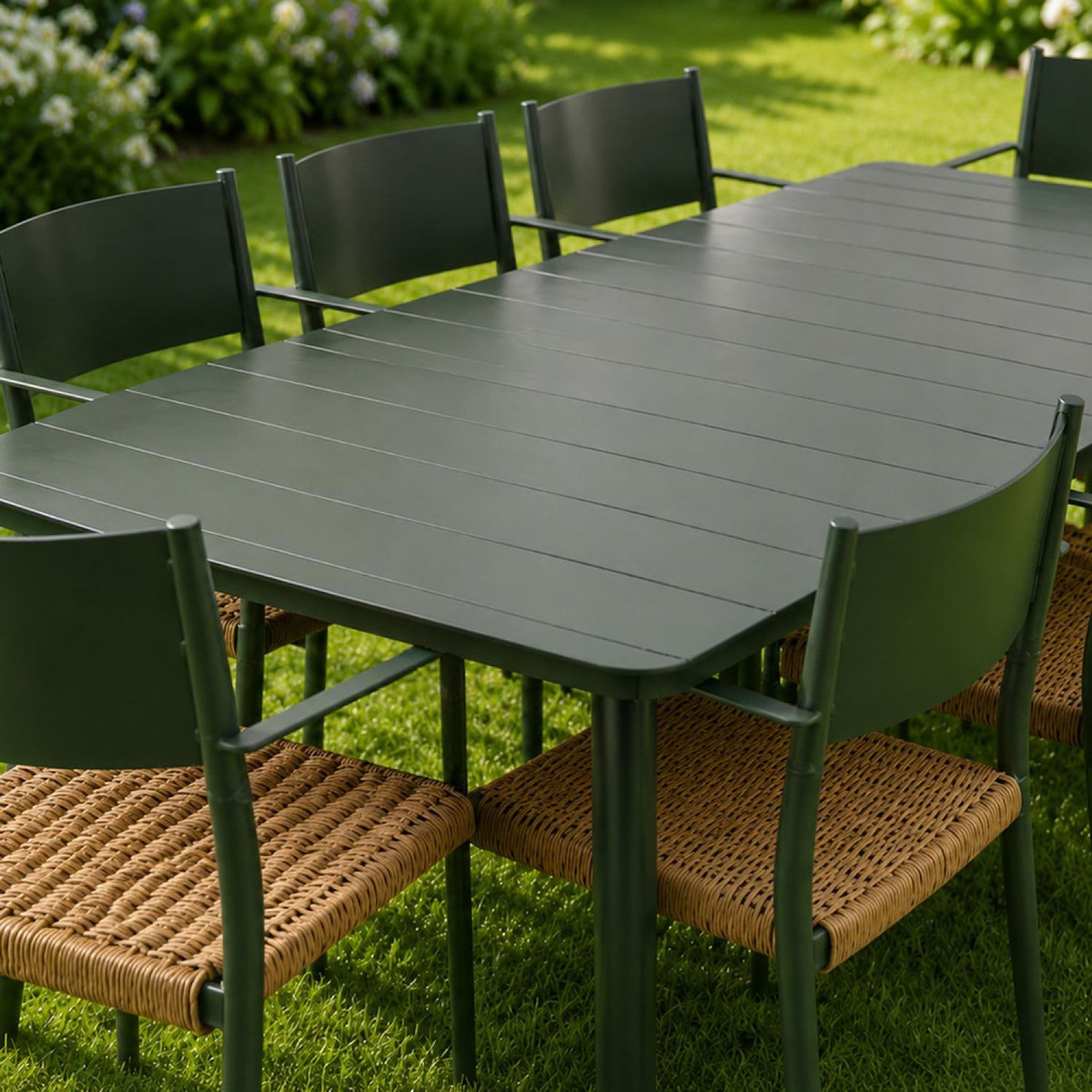 CONCEPT USINE Ensemble table de jardin 200 cm et 8 fauteuils kaki effet rotin CANBERRA