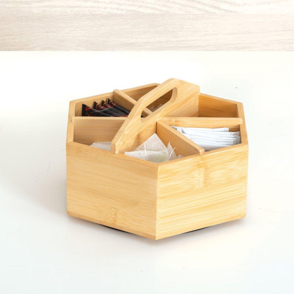FIVE Boîte à thé rotative avec 6 compartiments en bambou - Beige