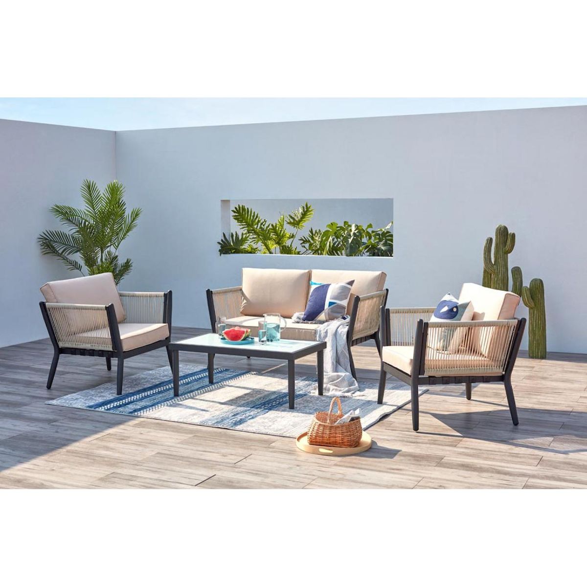 CONCEPT USINE Salon jardin alu et corde écru-noir ANAHMA