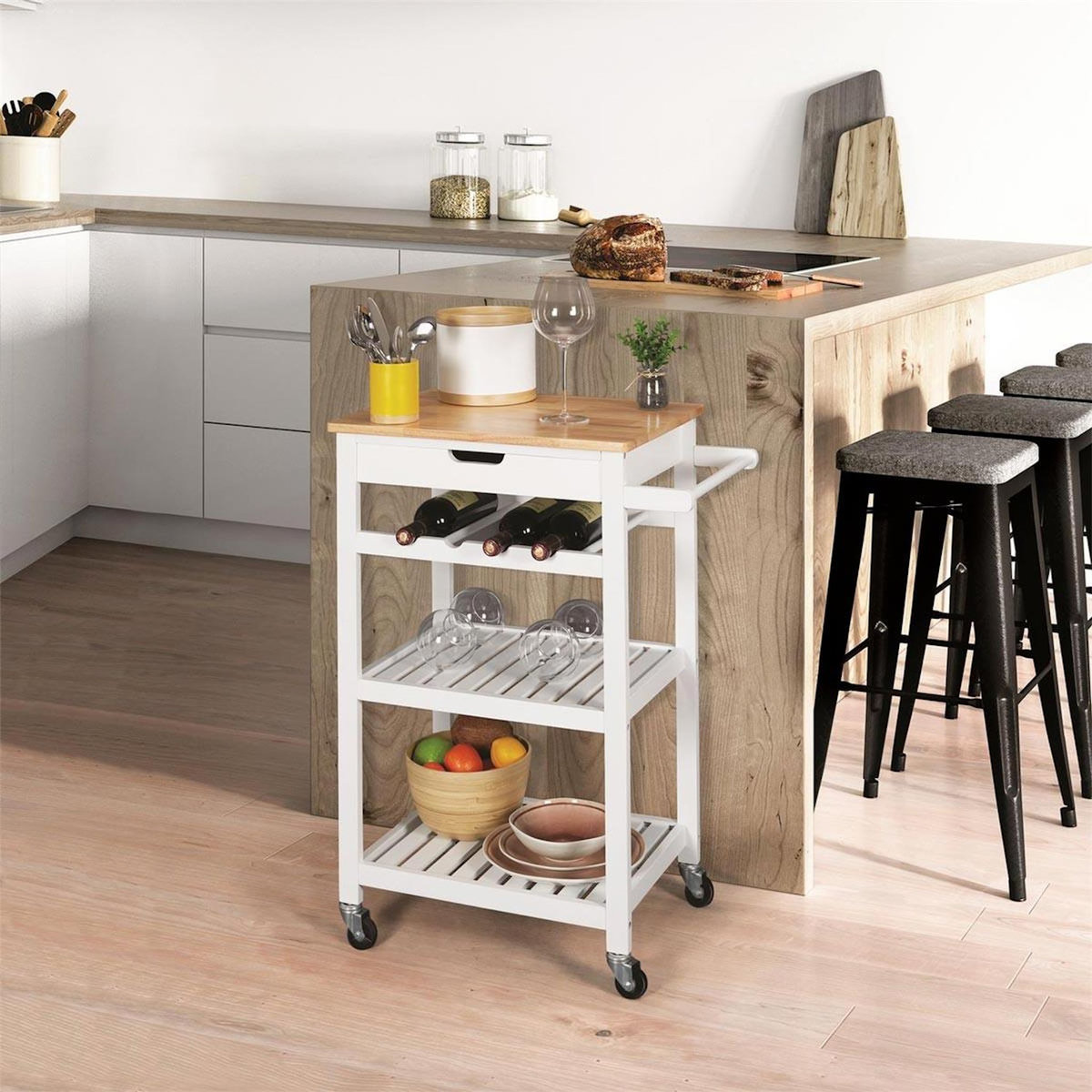 Paris Prix Desserte de Cuisine 3 Niveaux  Roulettes  84cm Blanc