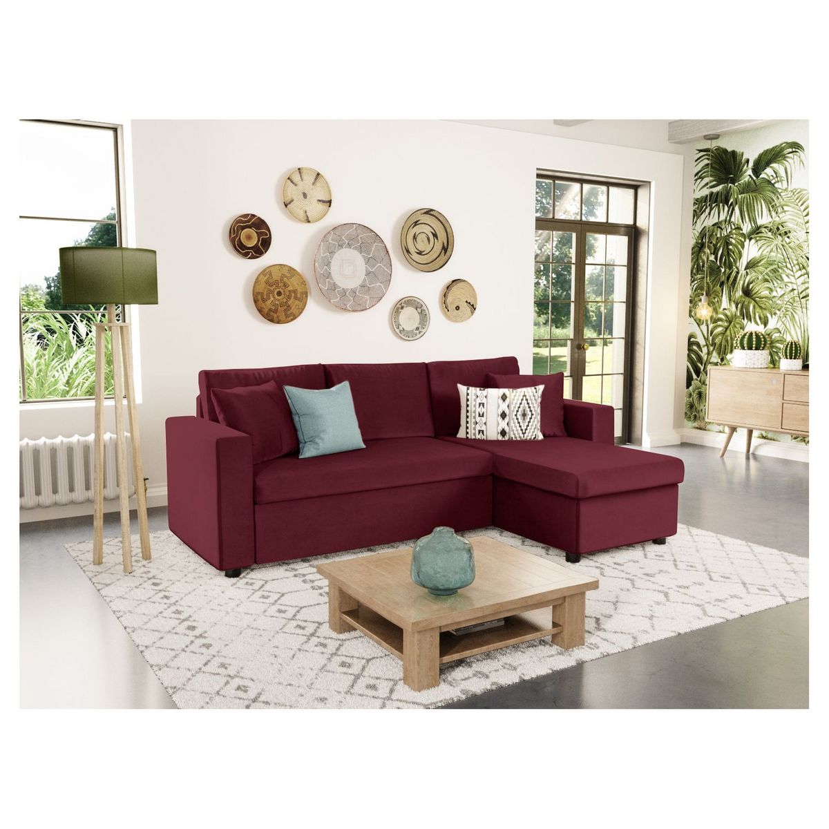 Canapé d'angle réversible convertible avec coffre en tissu ou velours GERALDINE 