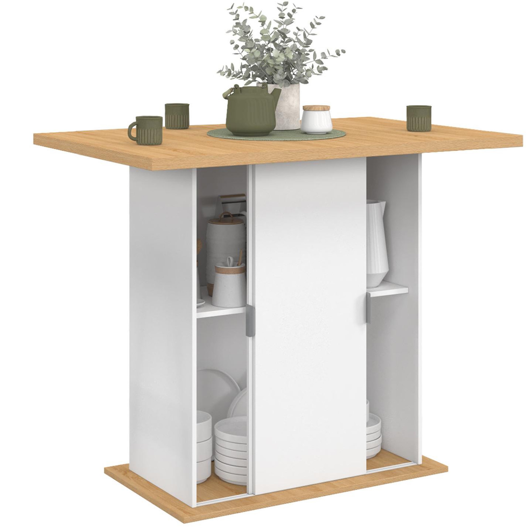 Voir la diapositive 4 : ID MARKET Ilot central 4 personnes paxton 110 cm pied central avec rangement bois blanc avec plan de travail façon hêtre