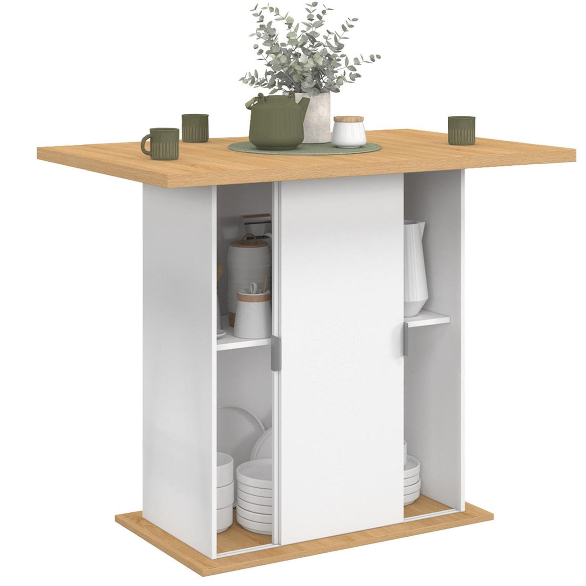 ID MARKET Ilot central 4 personnes PAXTON 110 cm pied central avec rangement bois blanc avec plan de travail façon hêtre