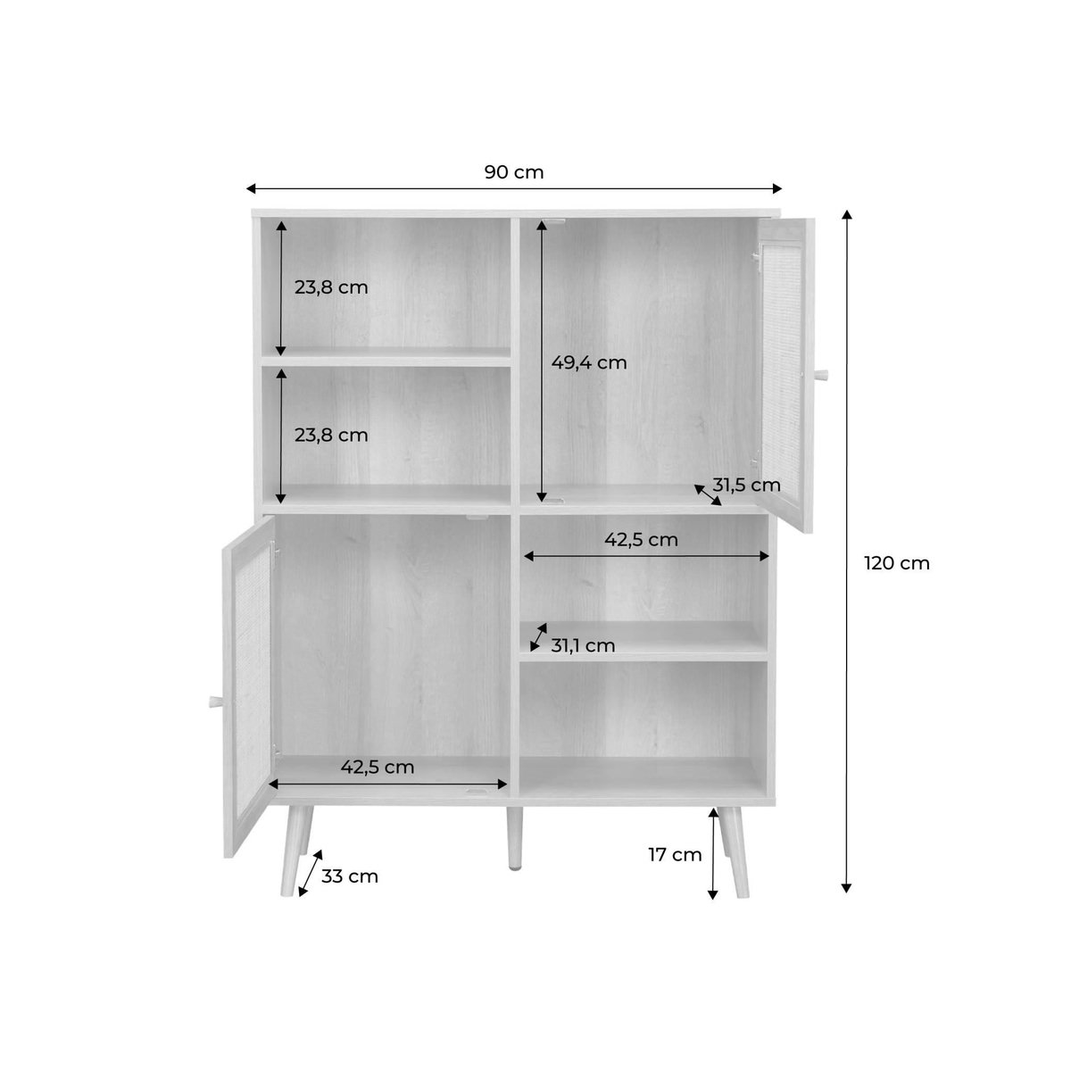 SWEEEK Buffet de rangement cannage et effet bois. buffet haut. vaisselier. 2 portes et 2 étagères style bohème 90cm