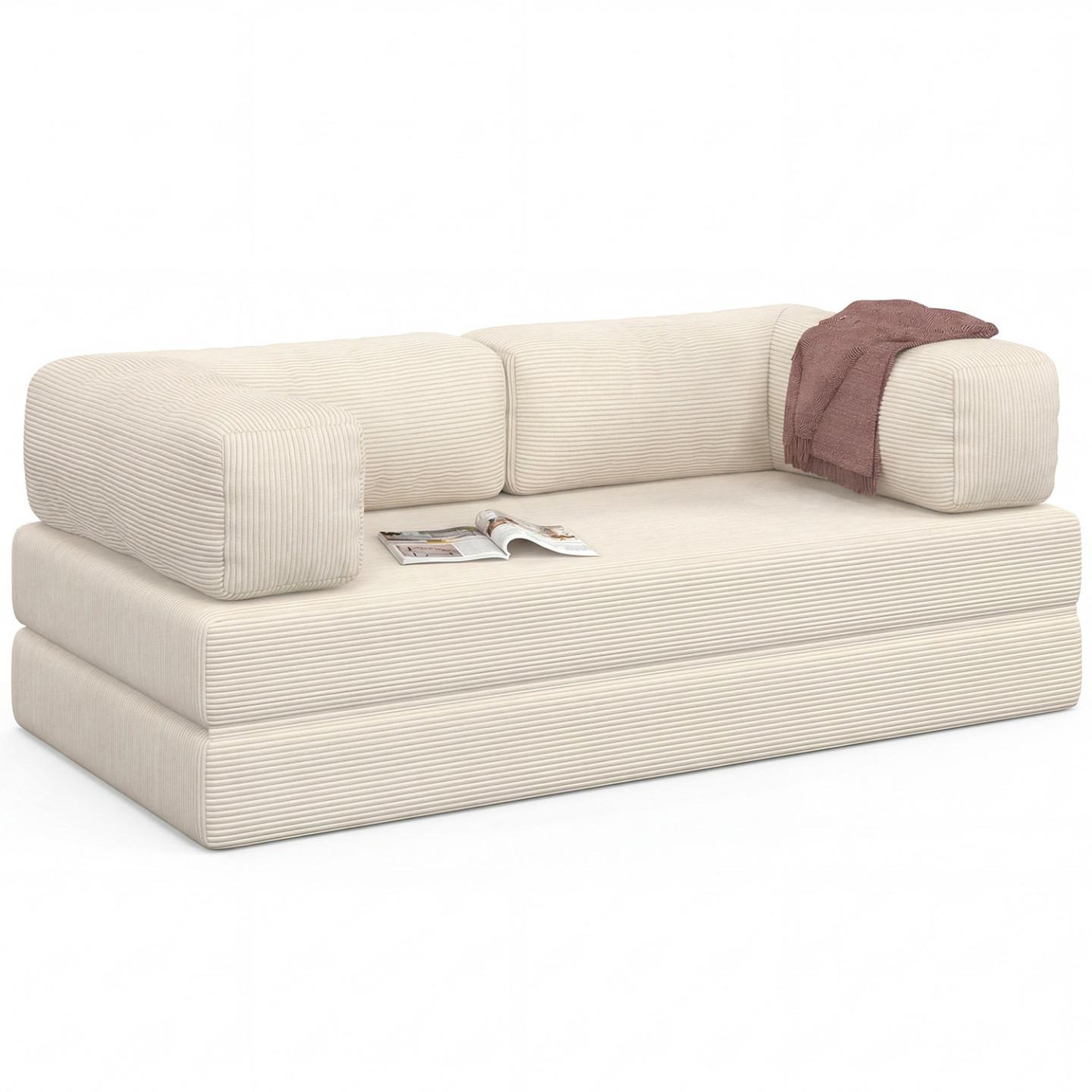 ID MARKET Canapé droit 3 places convertible natou en velours côtelé beige