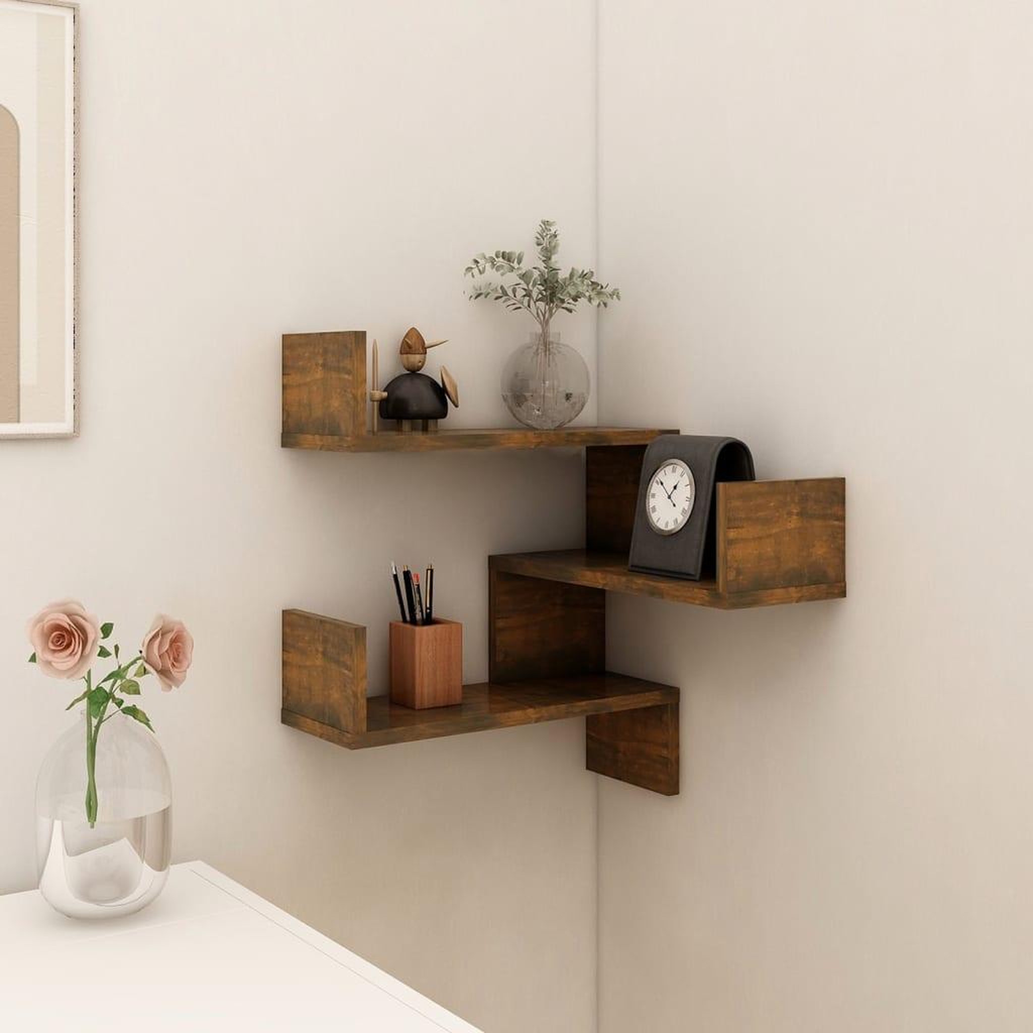 Voir la diapositive 1 : VIDAXL Etagere d'angle murale Chene fume 40x40x50 cm Bois d'ingenierie