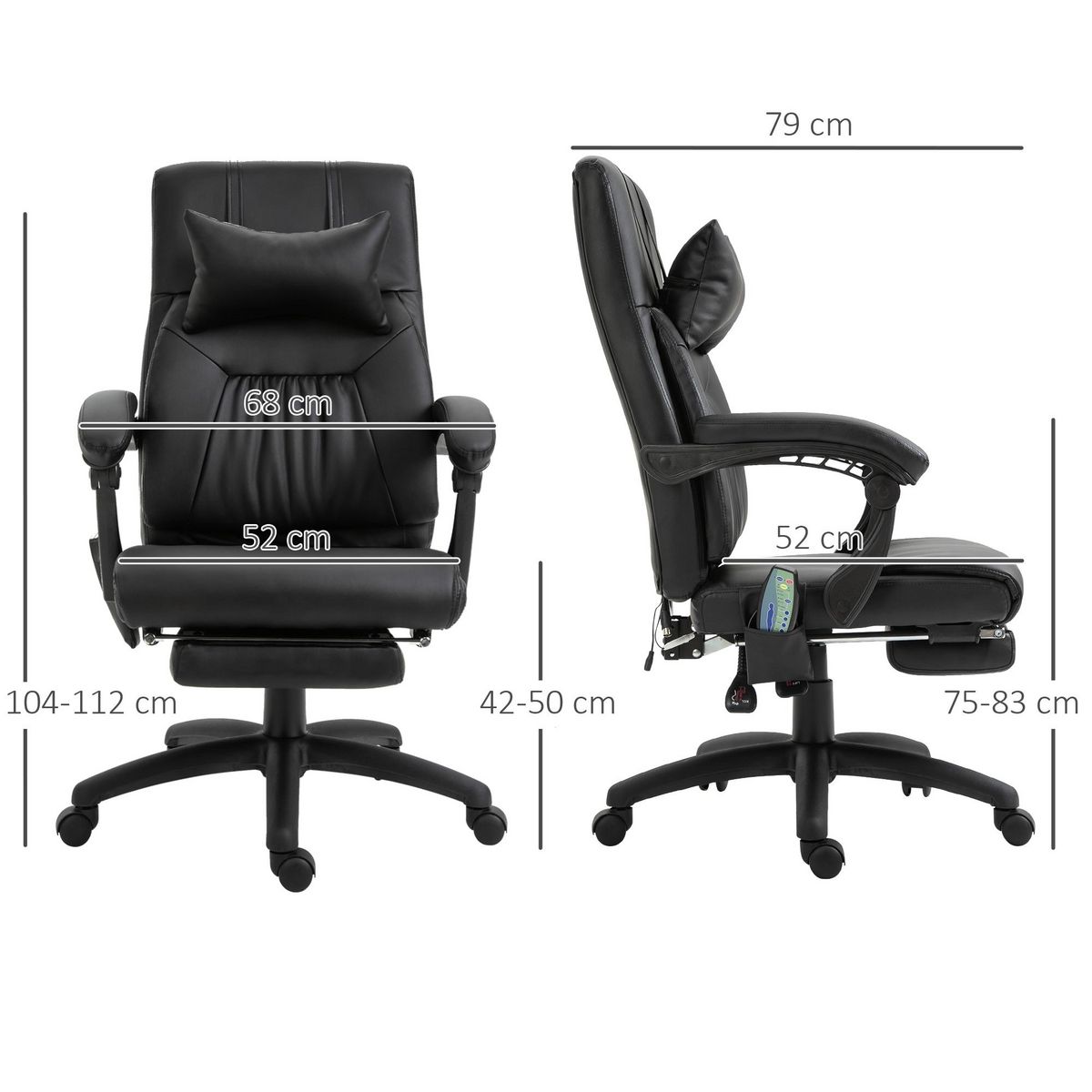 HOMCOM HOMCOM Fauteuil de bureau manager massant hauteur réglable dossier inclinable repose-pied + appui-tête 68 x 79 x 104-112 cm noir