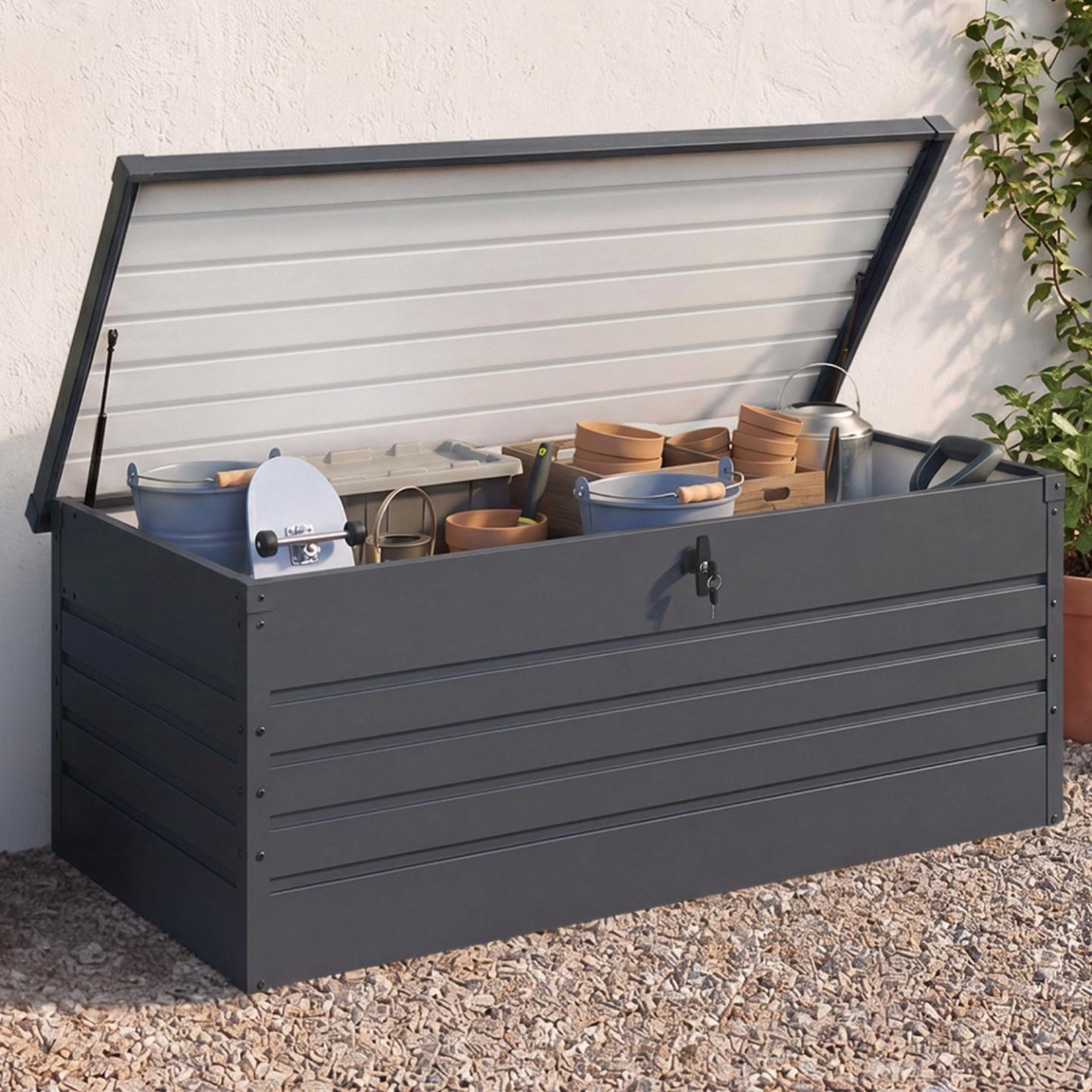 Voir la diapositive 2 : ID MARKET Coffre de rangement métal verrouillable gris anthracite pour jardin 600l 165x70x63 cm