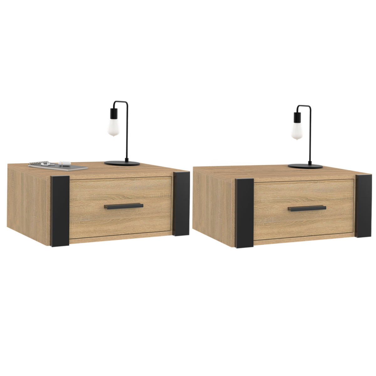 ID MARKET Lot de 2 tables de chevet murales ONYX 1 tiroir étagère suspendue bois et noir