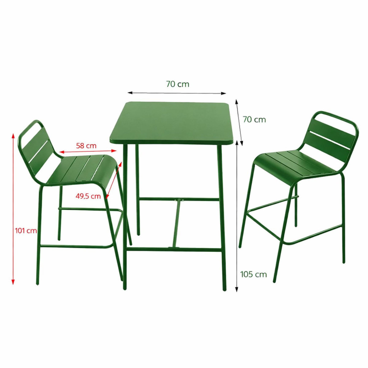 CONCEPT USINE Ensemble table de bar et 2 chaises hautes d'extérieur vert BERGAME