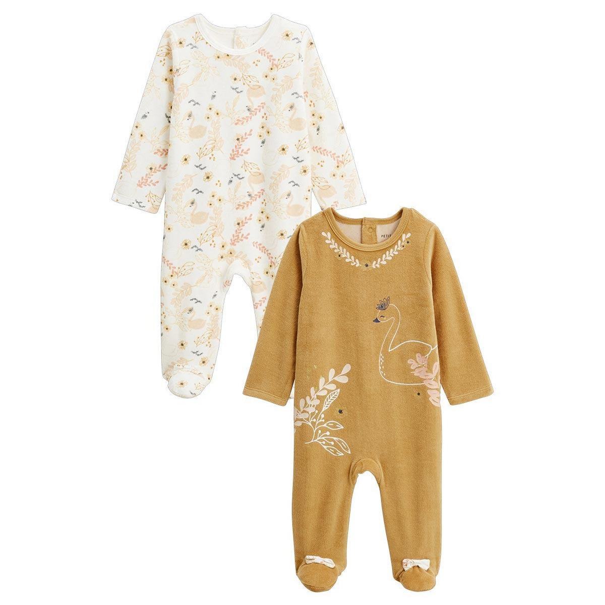 Petit Béguin Lot de 2 pyjamas bébé en velours Swan