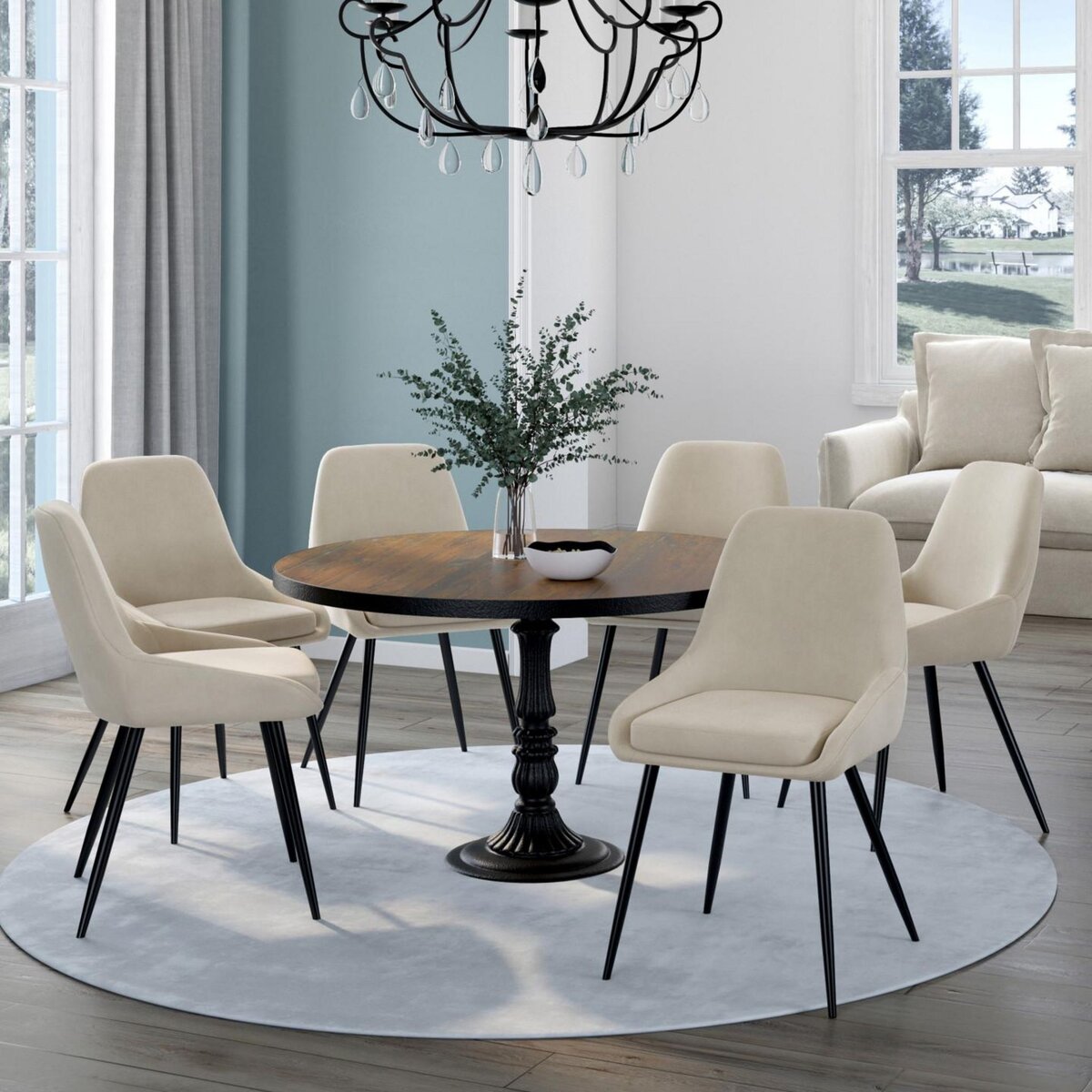 ID MARKET Lot de 6 chaises THALYA en velours beige avec accoudoirs