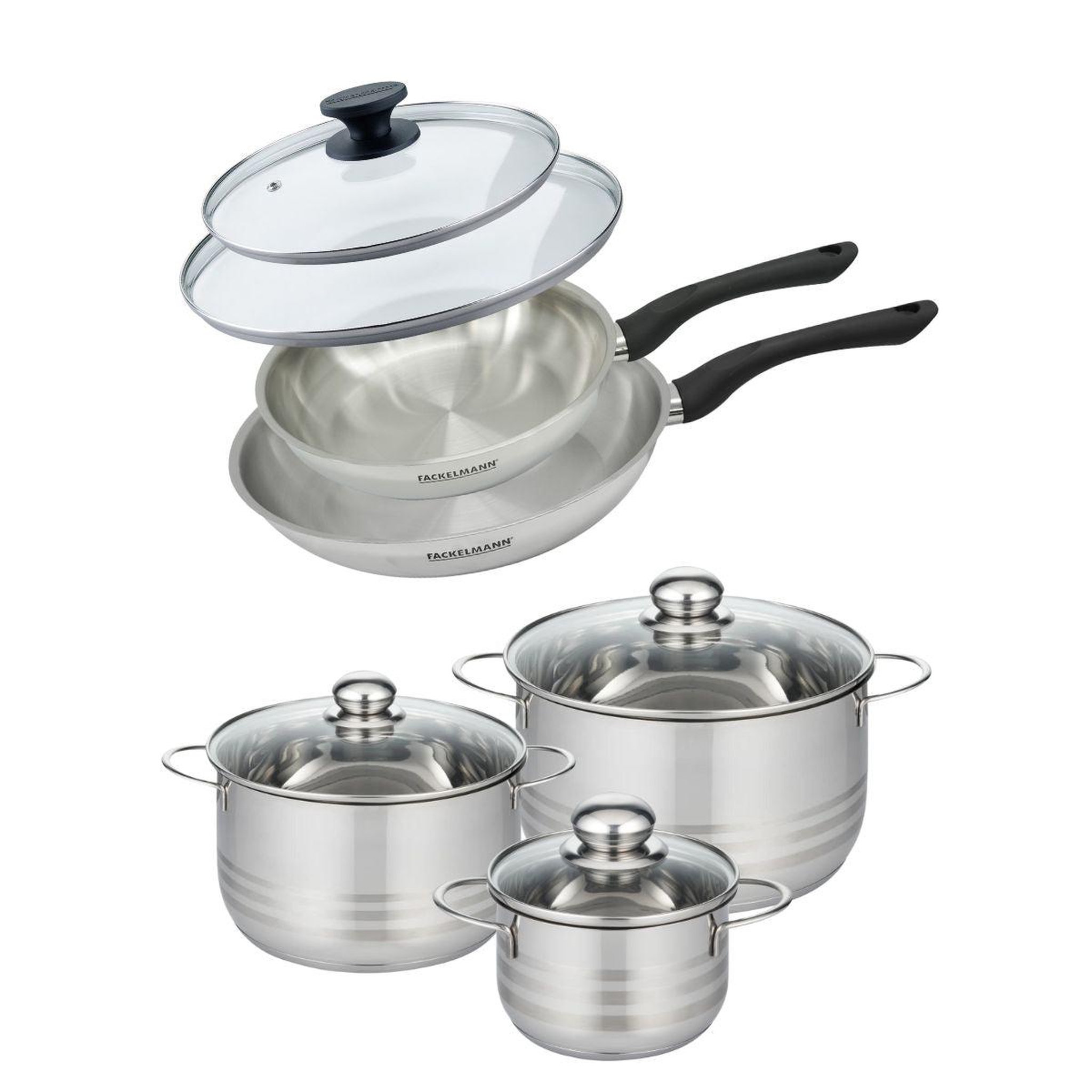 Fackelmann Batterie de cuisine avec 2 poêles 24/28 cm et 3 faitouts 16/20/24 cm sans pfas fackelmann généva brillant avec couvercles