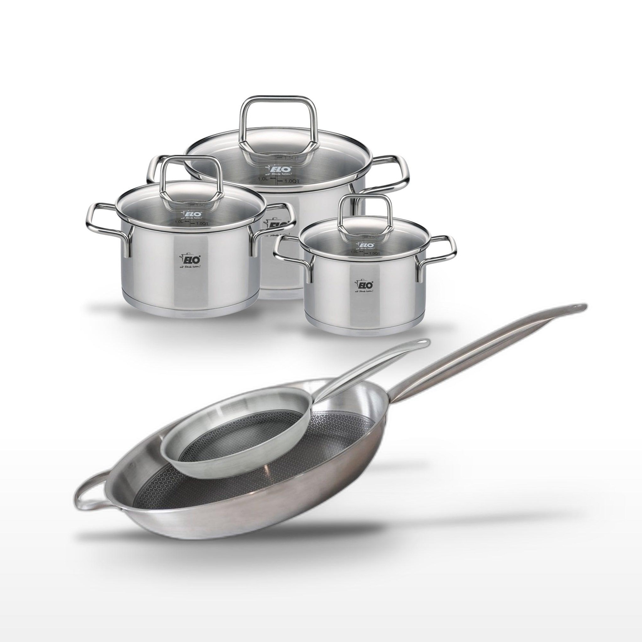 ELO Batterie de cuisine avec 2 poêles 24/32 cm et 3 faitouts 14/16/20 cm en inox et sans pfas elo collection relief solution citrin