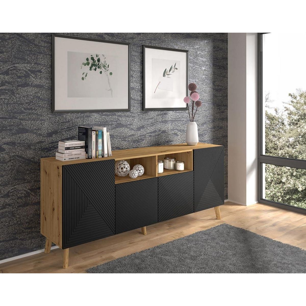 BEST MOBILIER Velato - buffet bas - effet bois et noir - 195 cm