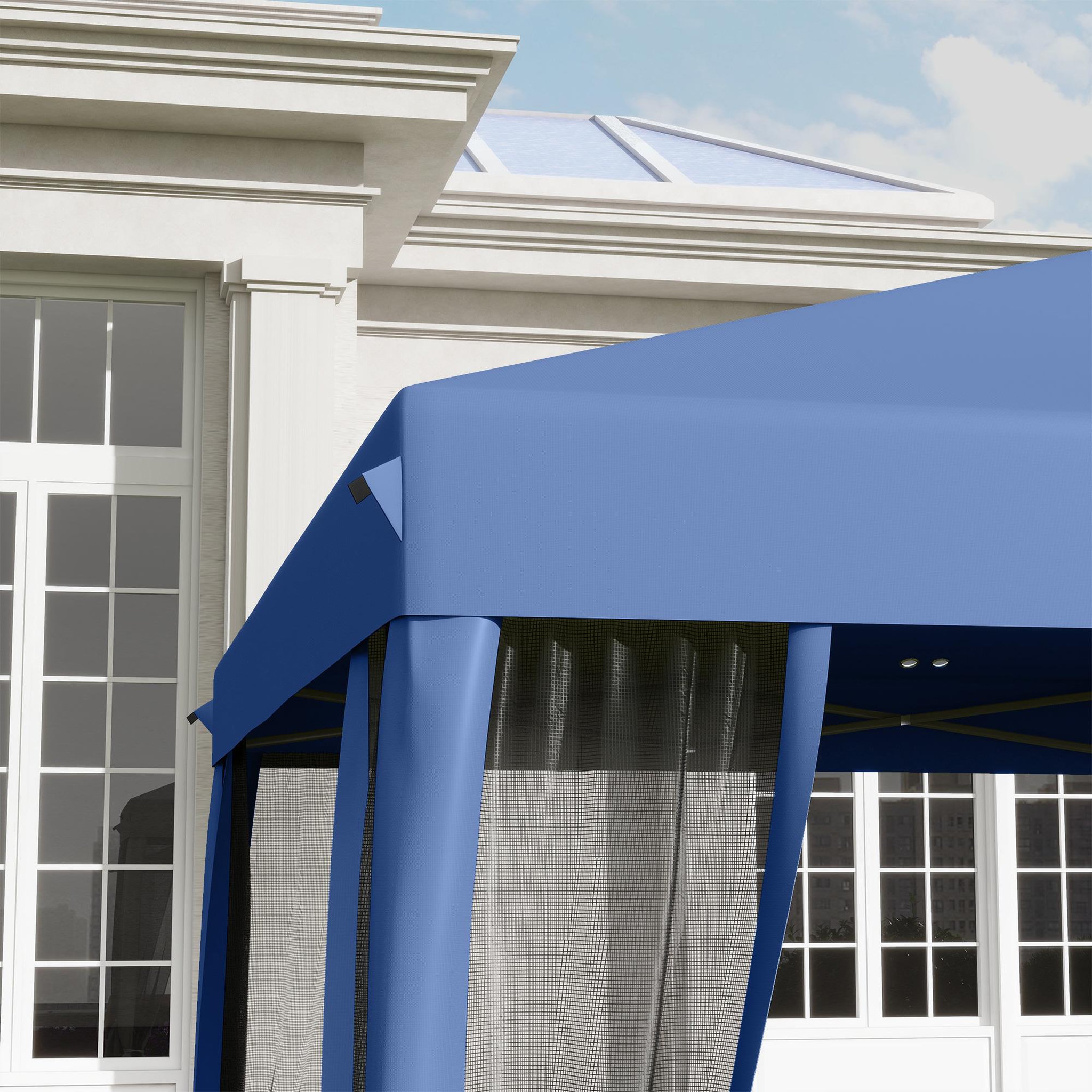 Voir la diapositive 6 : OUTSUNNY Tonnelle barnum pliant style colonial 2,95L x 2,95l x 2,6H m 4 moustiquaires + sac de transport bleu