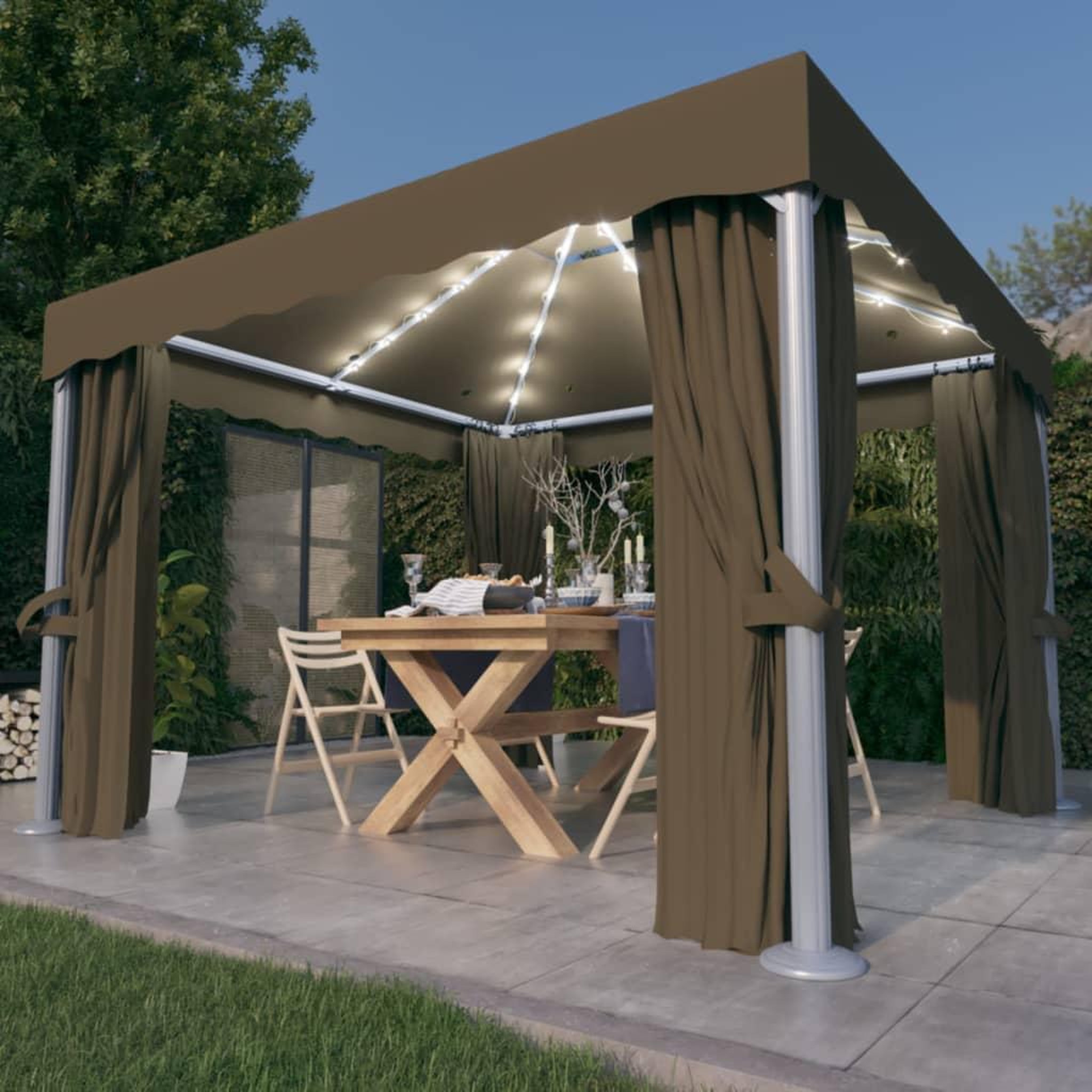 VIDAXL Tonnelle avec rideau et guirlande lumineuse a LED 3x3 m Taupe