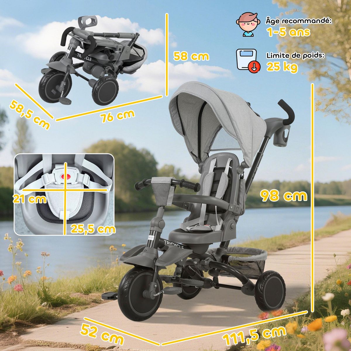 HOMCOM Tricycle évolutif pliable réglable 6 en 1 gris
