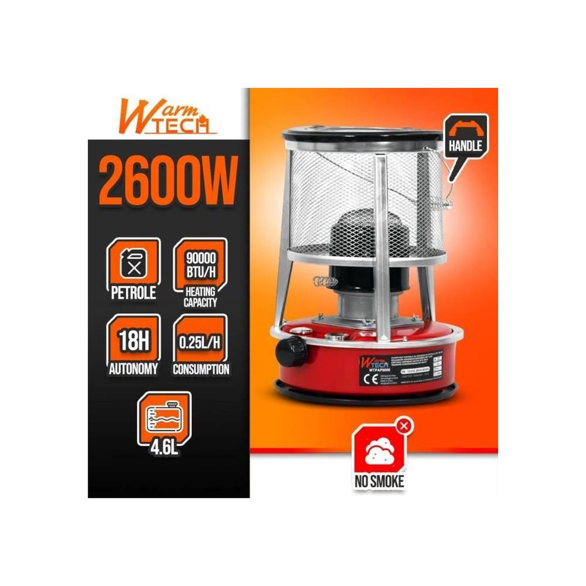Voir la diapositive 2 : Warmtech Chauffage d'appoint à pétrole WarmTech 2600 W WTPAP9000, 9000 BTU, cuve 4,6 L, thermostat réglable, autonomie env. 18 h, protection grille