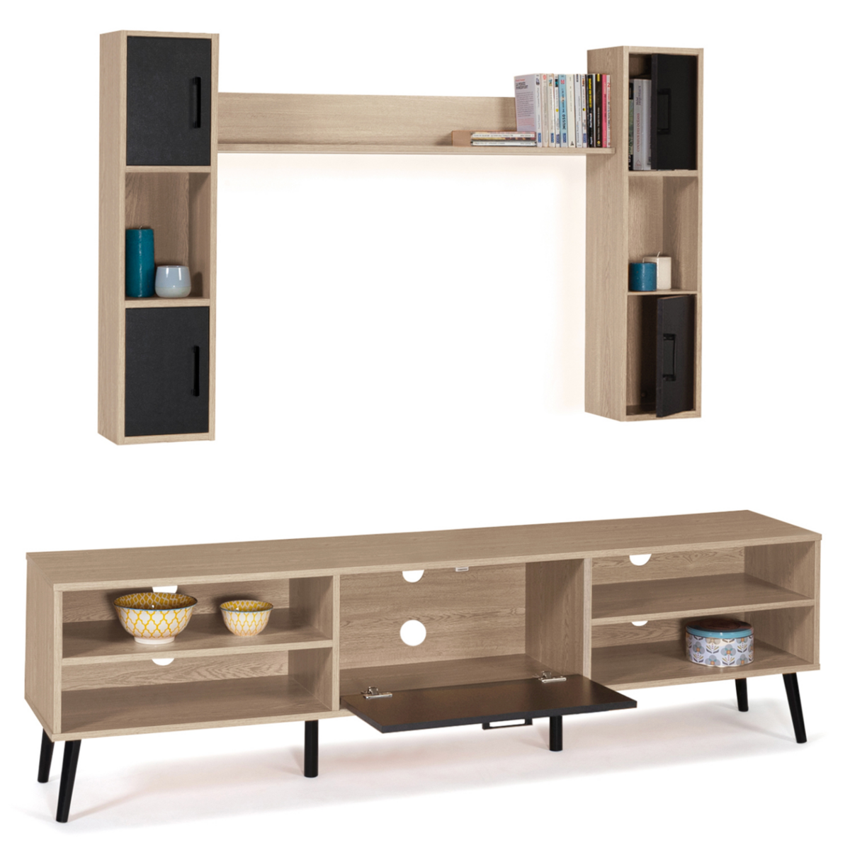 ID MARKET Ensemble meuble TV 180 cm et étagères HOUSTON bois et noir