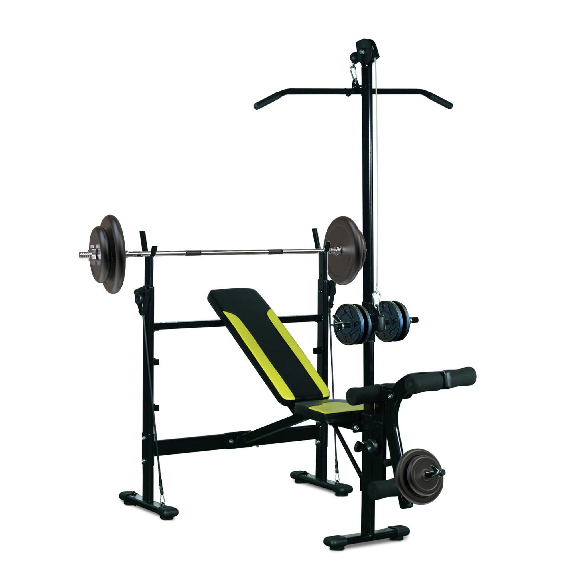 Voir la diapositive 2 : HOMCOM Banc de musculation fitness entrainement complet dossier réglable cordes traction curler supports barre et haltères noir et jaune