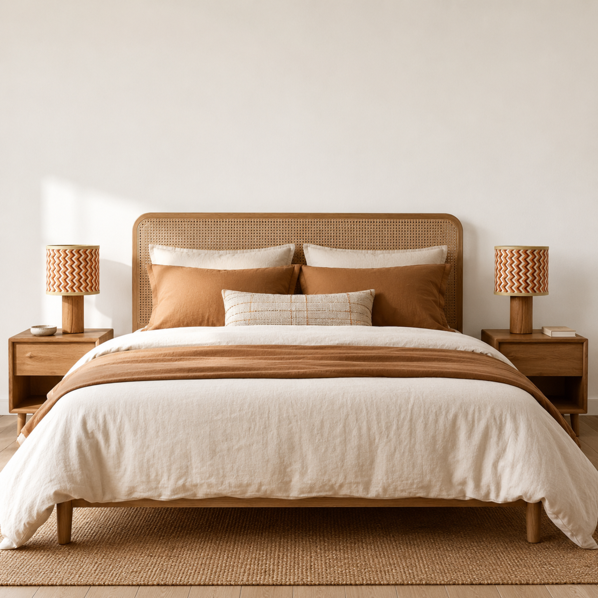 Voir la diapositive 5 : MAISON PAVANE Lampe à poser en bois de chêne et tressage en bambou crème et orange-phil