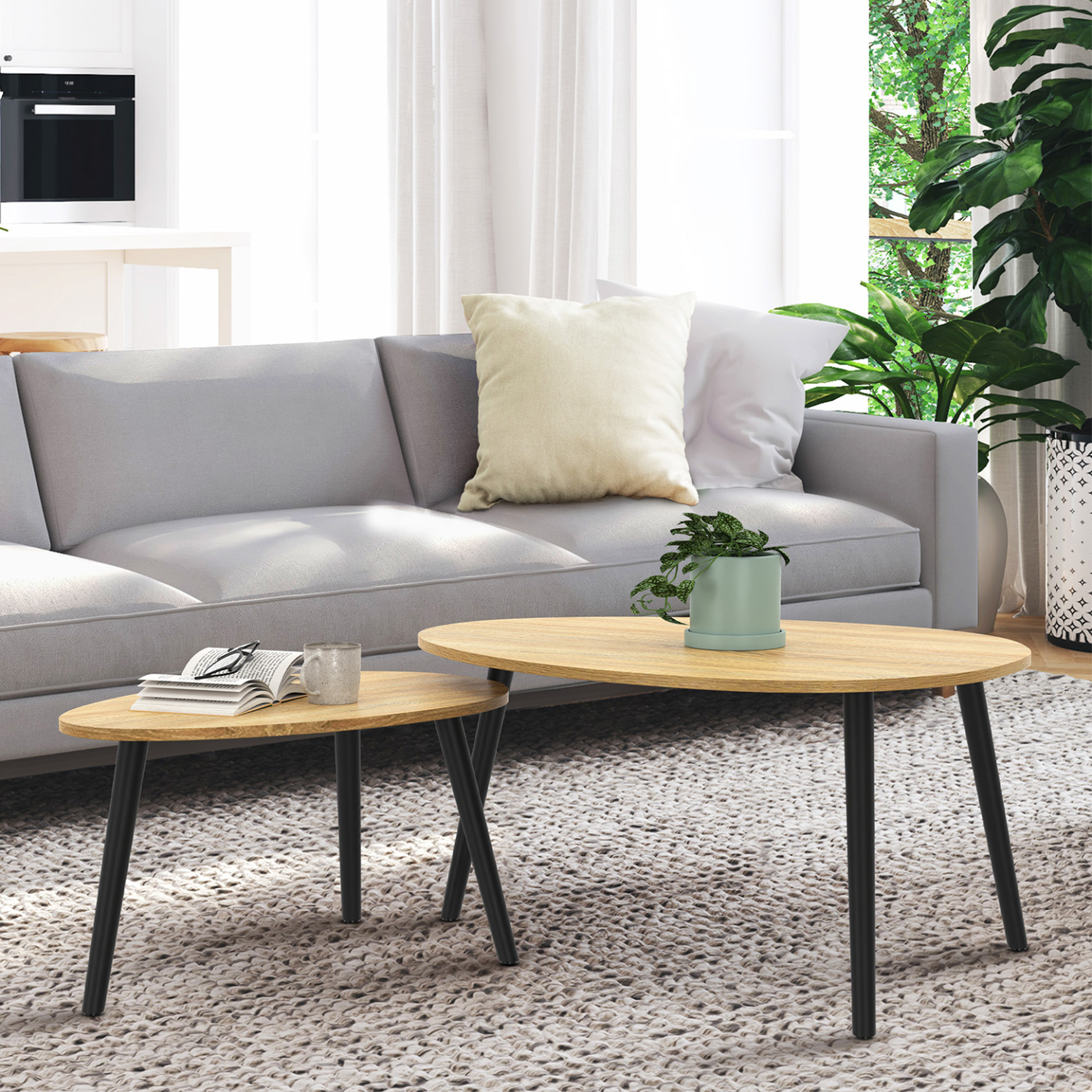 Voir la diapositive 2 : ID MARKET Lot de 2 tables basses gigognes gaia bois et pieds noirs scandinave