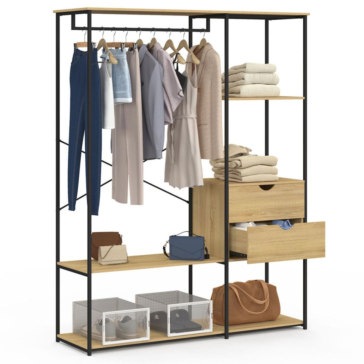 ID MARKET Dressing penderie avec étagères et 2 tiroirs L. 130 cm DETROIT design industriel