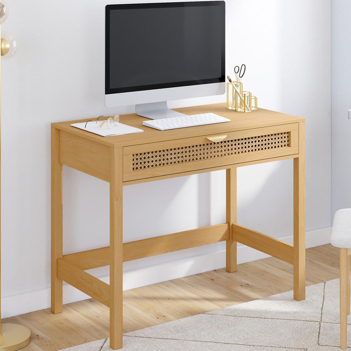 ID MARKET Bureau 1 tiroir EDHEN bois et cannage