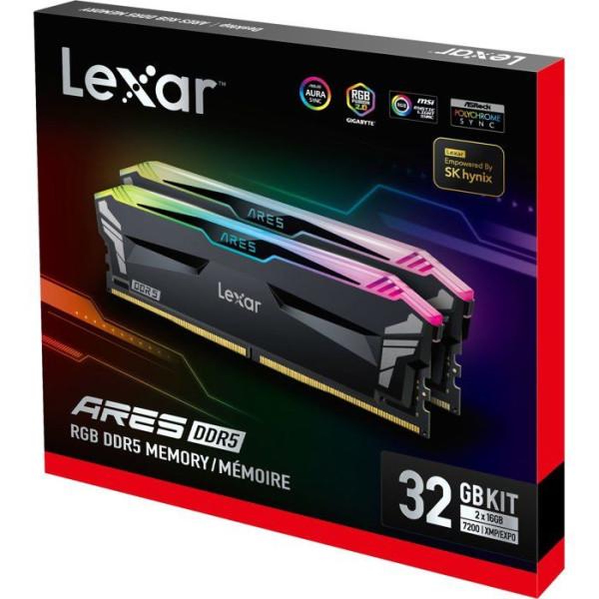 Voir la diapositive 6 : Lexar Barrette Mémoire - LEXAR Ares - DDR5 7200 - CL34 1.4 V - 32 Go (2x 16 Go) - Dissipateur thermique + RGB - Noir