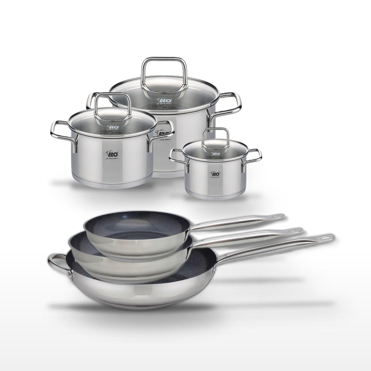 ELO Lot de 3 Poêles céramiques Elo Profi Therm Platinum 24/28/32 cm et 3 Faitouts Elo Citrin 12/16/20 cm