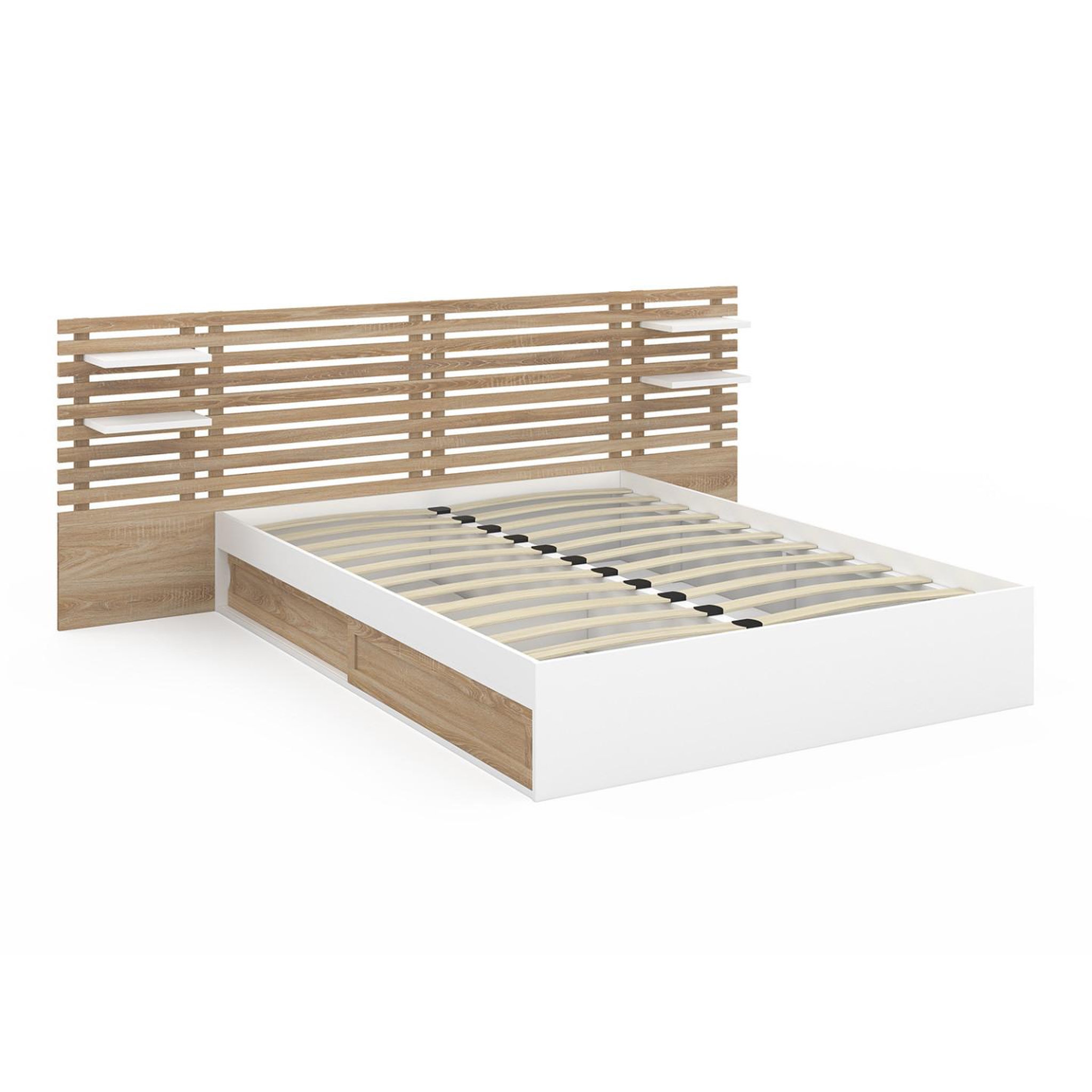 Voir la diapositive 3 : ID MARKET Lit double savana avec tête de lit, chevets, rangements et sommier 140 x 190 cm hêtre et blanc