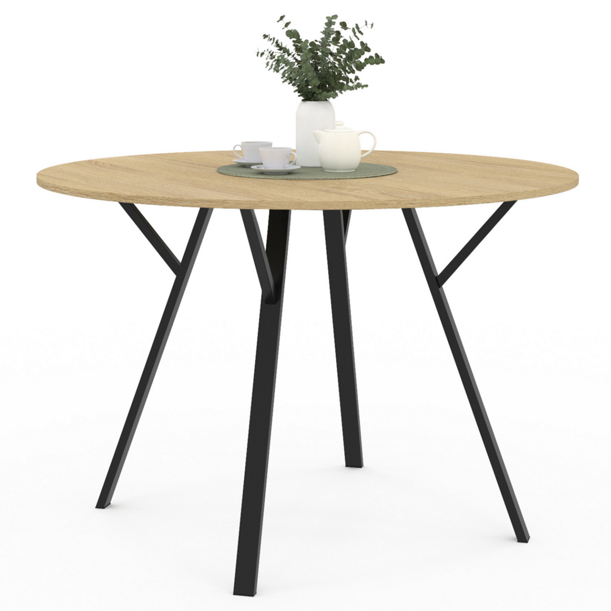 ID MARKET Table à manger ronde YSEULT 4-6 personnes bois et noir design industriel 110 cm