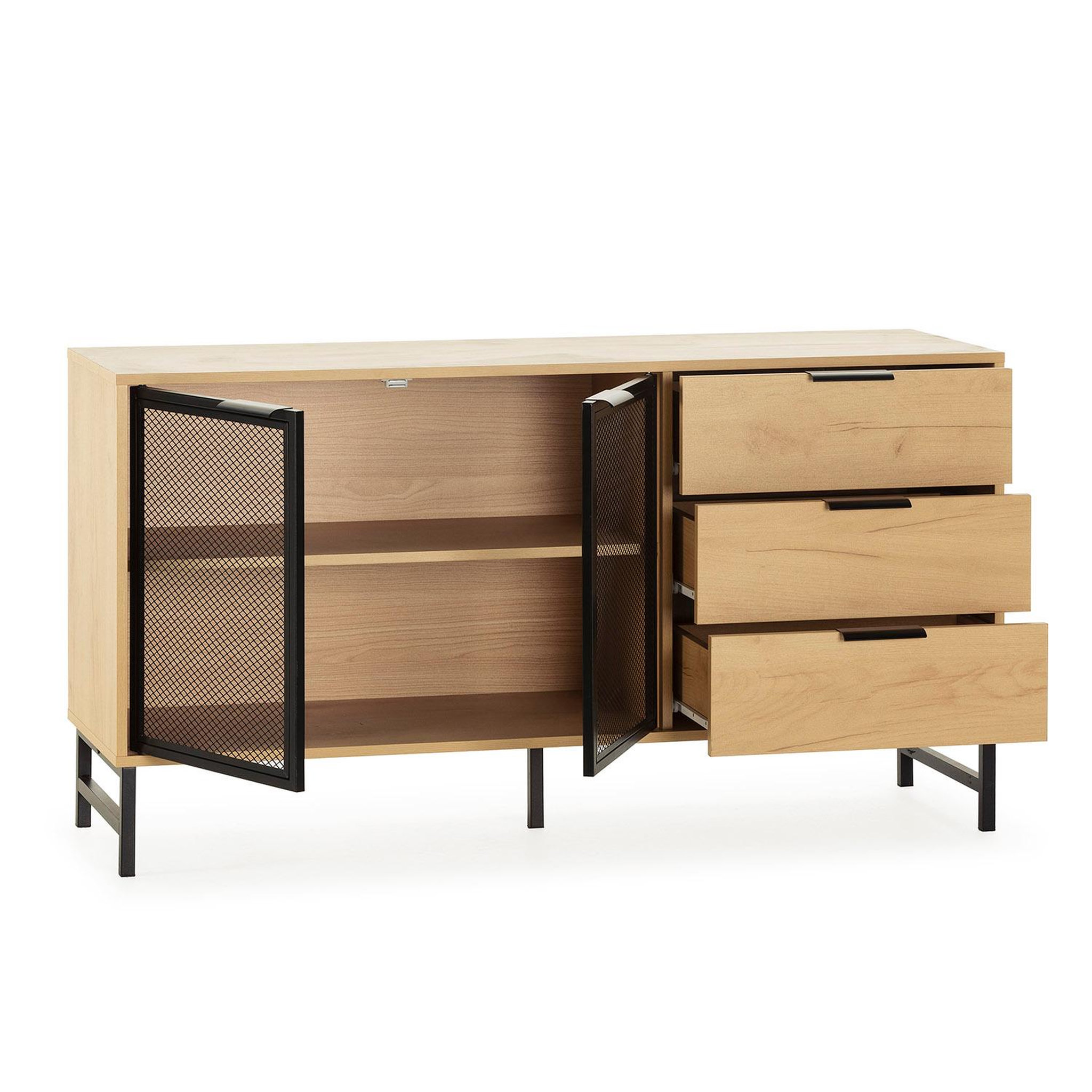 Voir la diapositive 3 : VS VENTA-STOCK Buffet Isis 2 portes en métal noir et 3 tiroirs, 130 cm