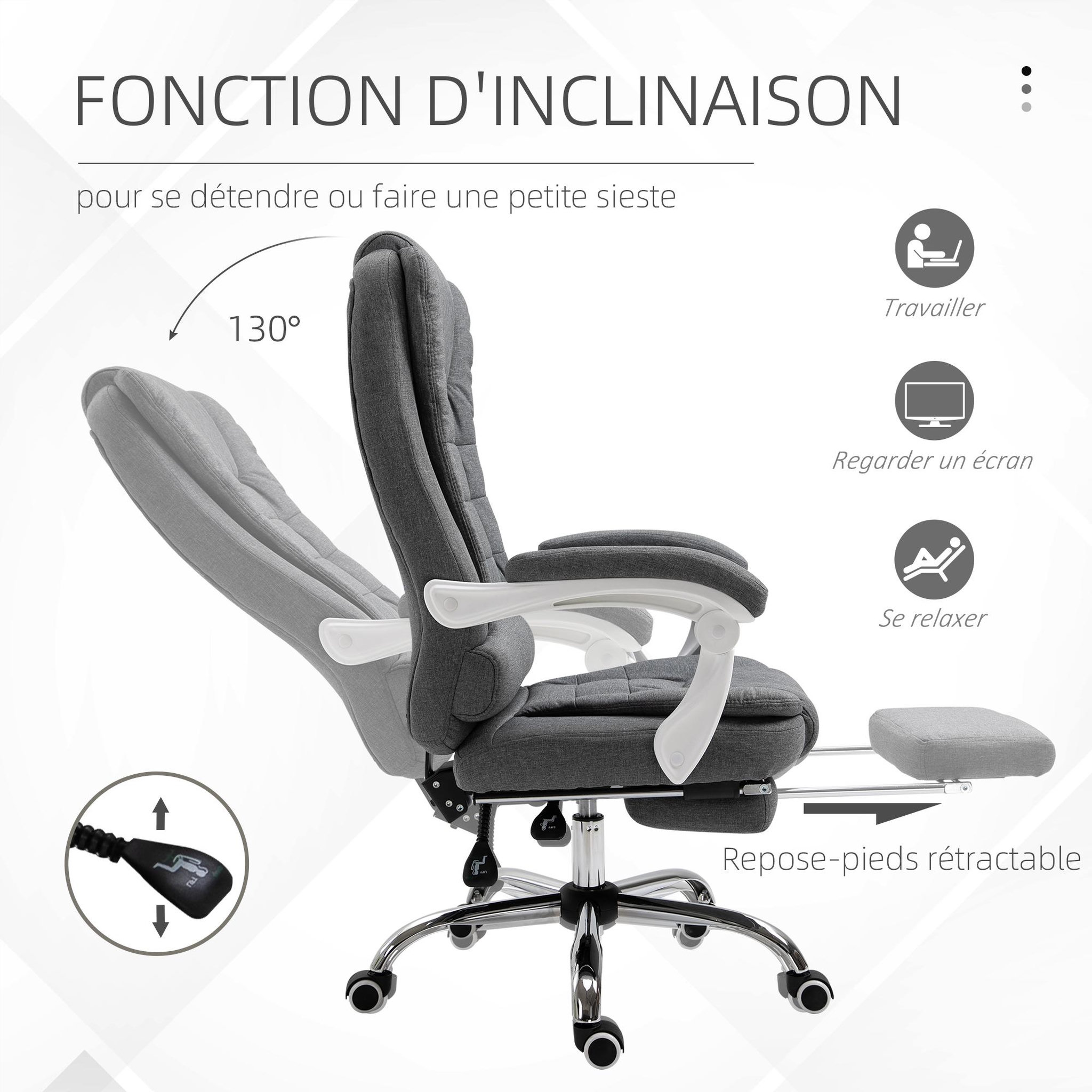 Voir la diapositive 5 : VINSETTO Fauteuil de bureau manager grand confort repose-pied dossier inclinable accoudoirs rembourrés tissu aspect lin gris