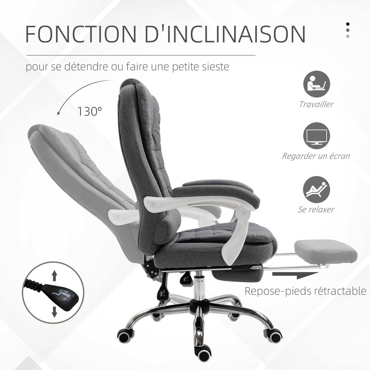 VINSETTO Fauteuil de bureau manager grand confort repose-pied dossier inclinable accoudoirs rembourrés tissu aspect lin gris