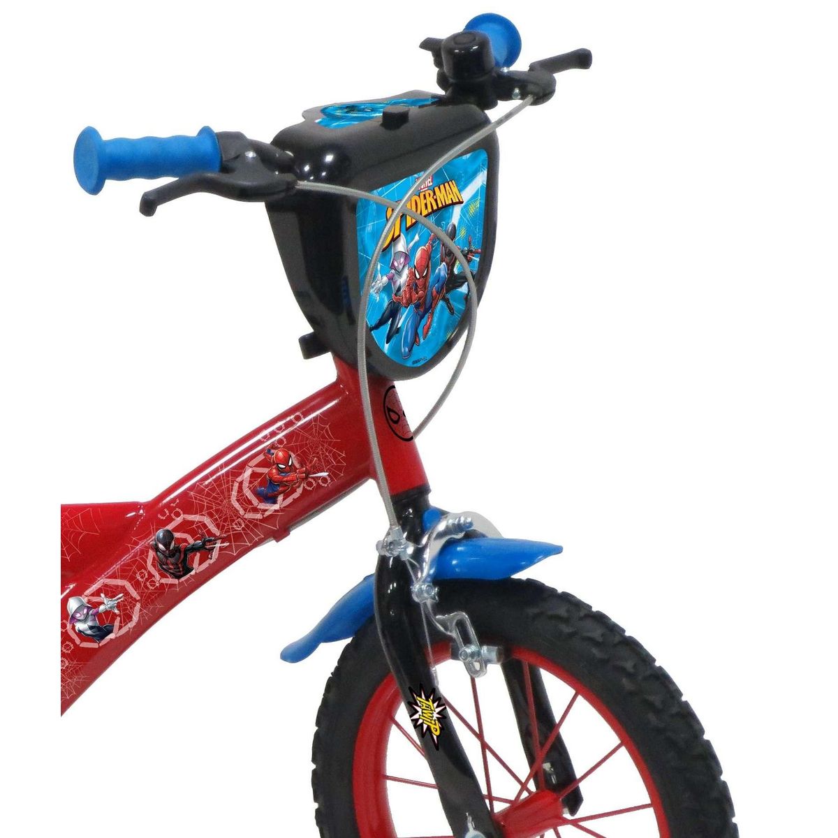 Marvel Vélo enfant - Modèle 14'' Spiderman + Casque pour enfant de 95/110 cm avec stabilisateurs - Plaque décorative avant - Porte bidon - 2 freins