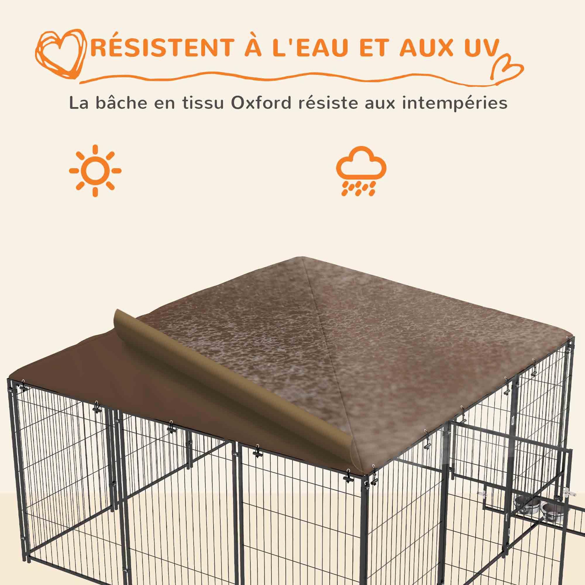 Voir la diapositive 4 : PAWHUT Chenil extérieur couvert pour chien 2 supports gamelles rotatifs porte verouillable acier noir