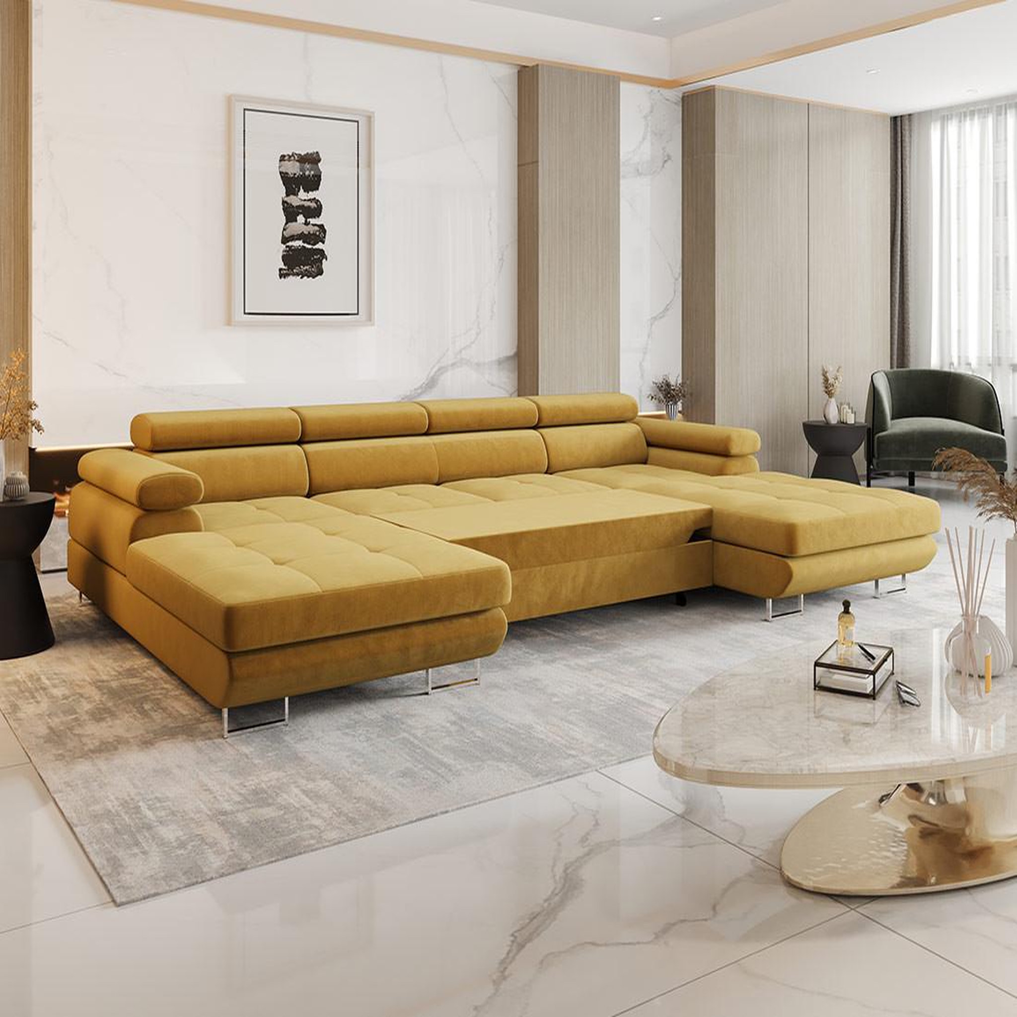 Voir la diapositive 3 : BEST MOBILIER Ayden - canapé panoramique en u 7 places convertible avec coffre et têtières réglables en tissu