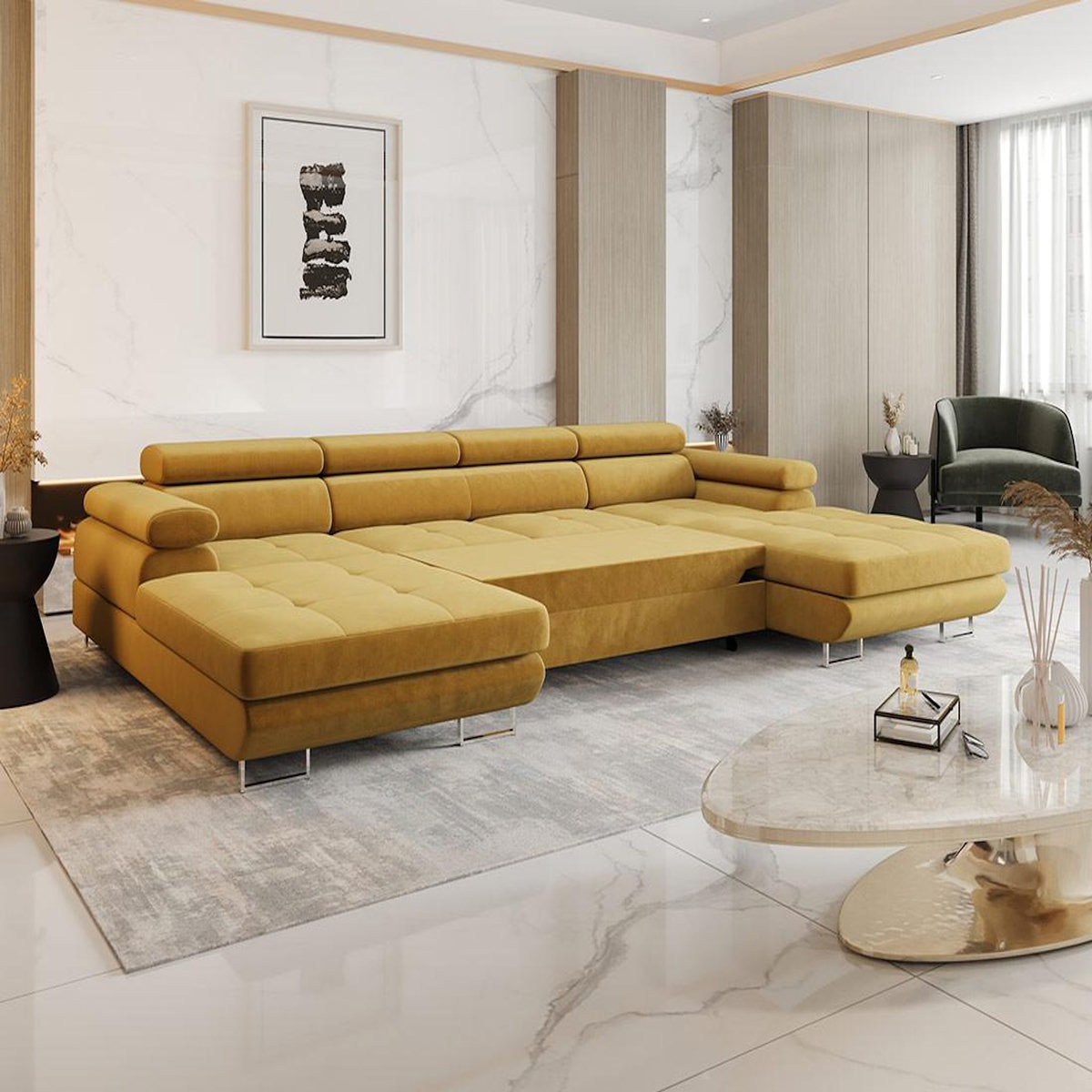 BEST MOBILIER Ayden - canapé panoramique en u 7 places convertible avec coffre et têtières réglables en tissu