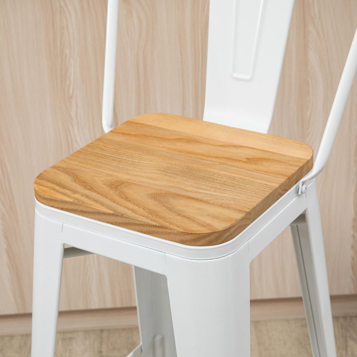 HOMCOM Lot de 4 tabourets de bar industriel avec dossier repose-pied hauteur assise 76 cm acier blanc bois d'orme