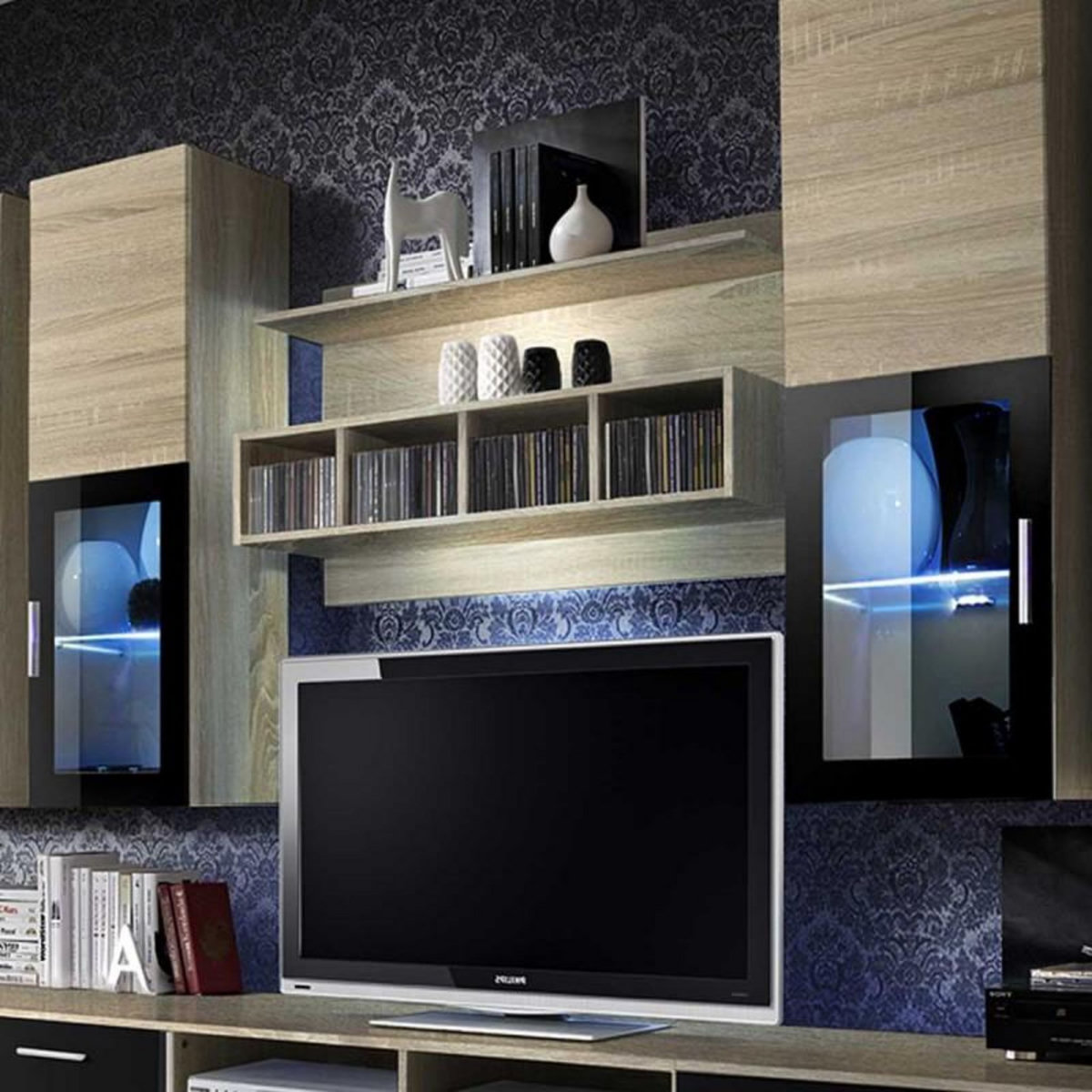 Paris Prix Meuble TV Mural Design  Lyra  300cm Chêne & Noir